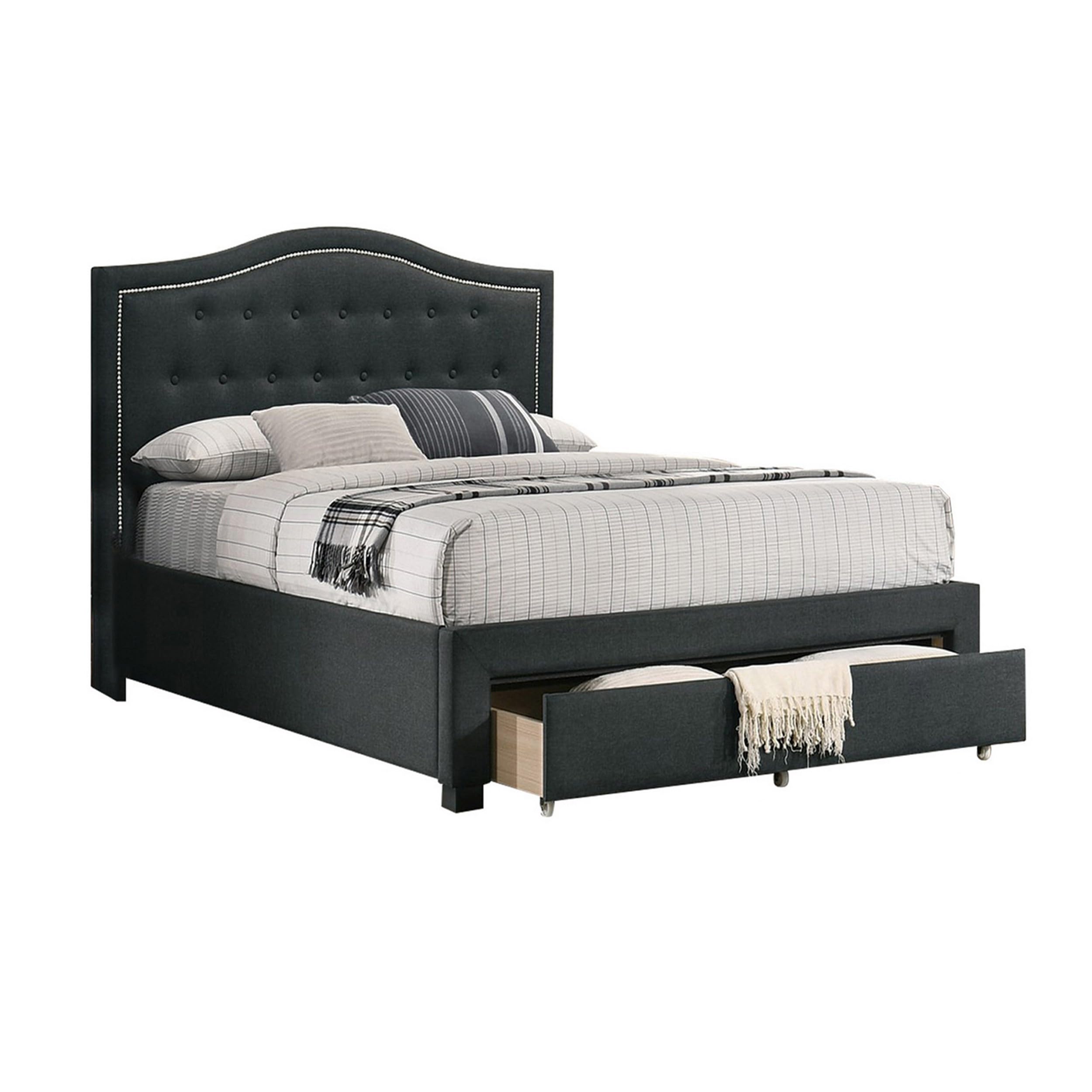 Buk King Upholstered Bed with Tufted Headboard, Charcoal Burlap Upholstery