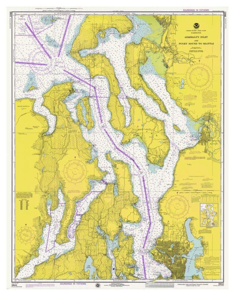 Nautical Chart - Admiralty Inlet and Puget Sound to Seattle ca. 1975-Paper Art-37x46”