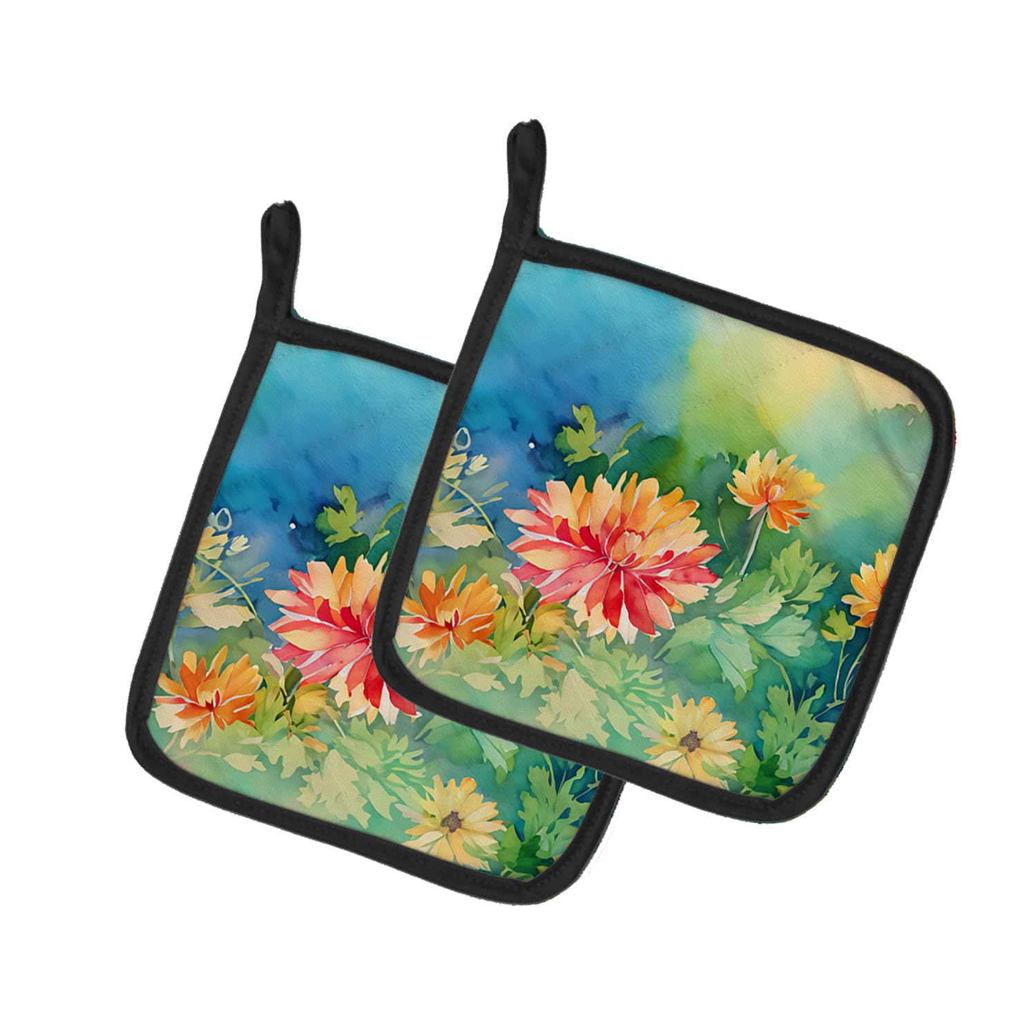 Chrysanthemums in Watercolor Pair of Pot Holders