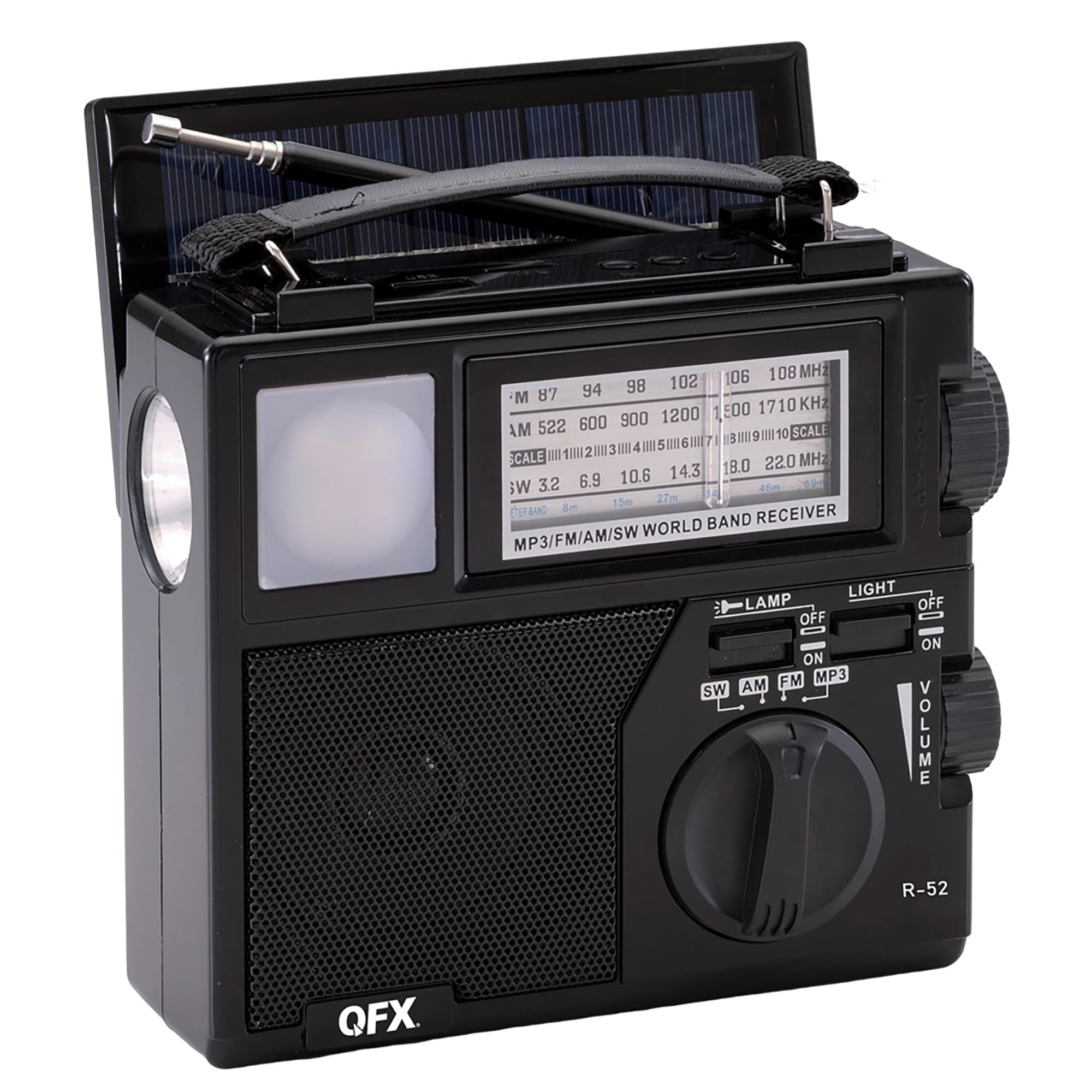 QFX R-52 Portable AM/FM/Shortwave Radio with Bluetooth, Flashlight, and Solar Panel, Black, R-52