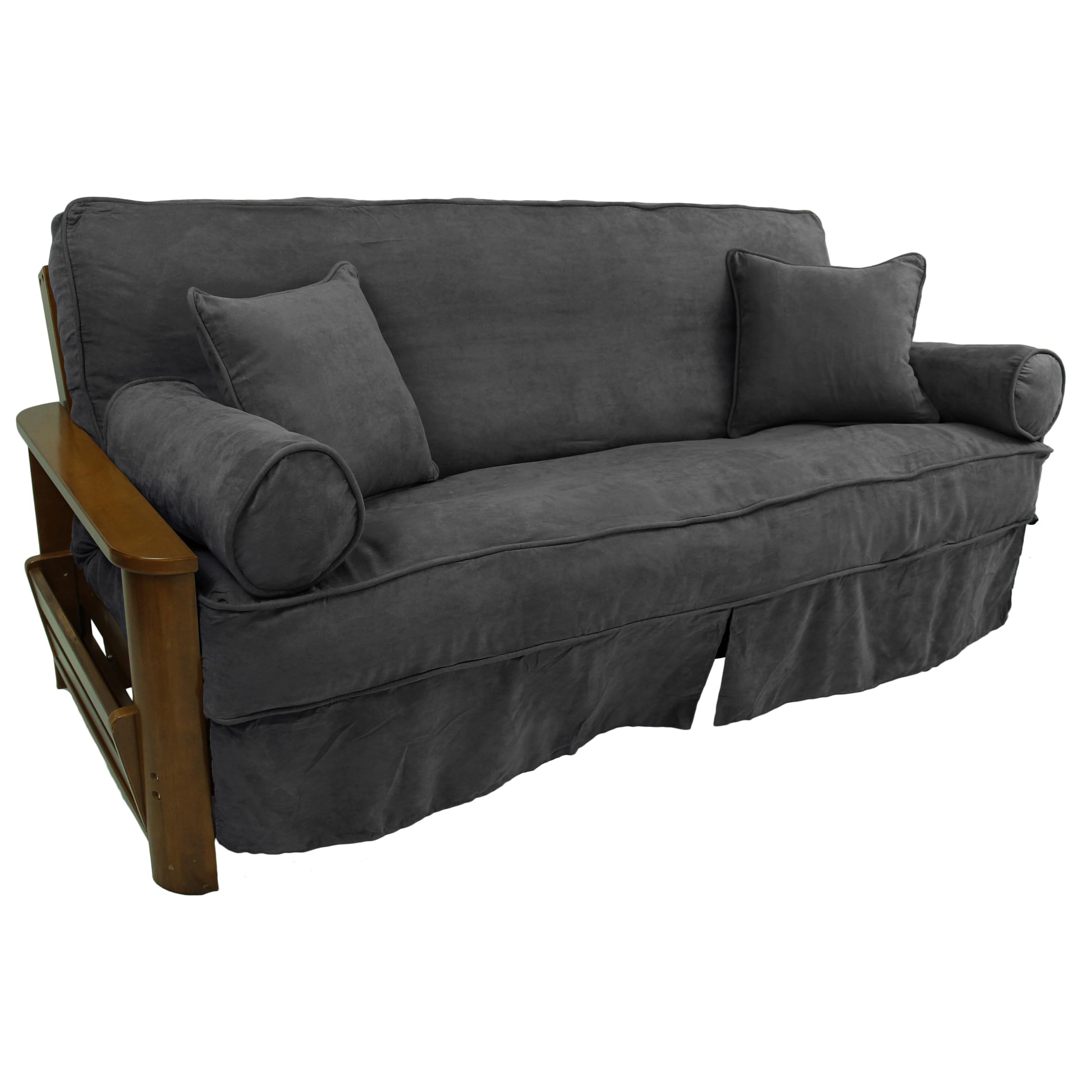 Solid Microsuede Double Corded 8 to 9-inch Full Futon Slipcover Set with Four Throw Pillows (Set of 5) - Steel Grey