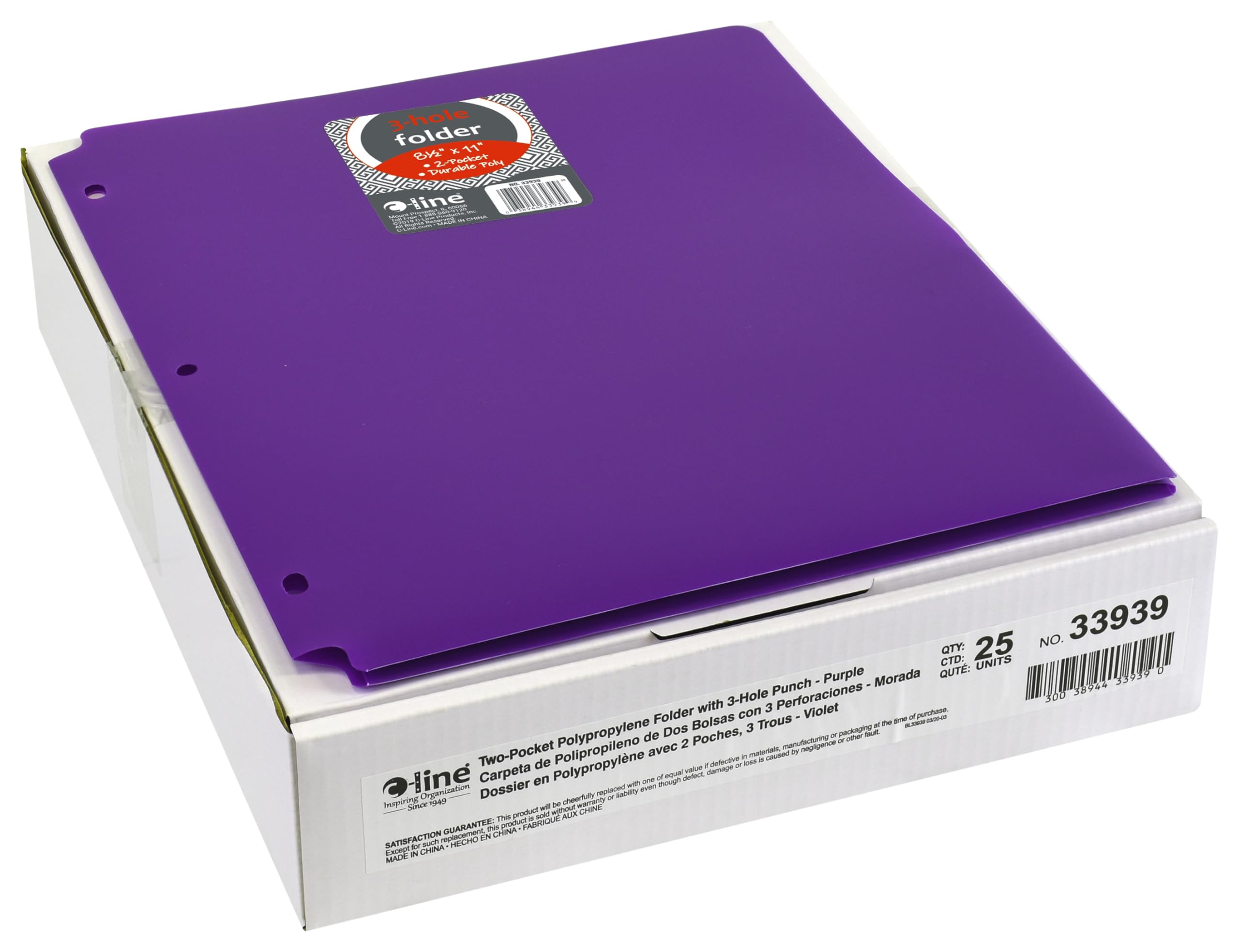 C-Line Two Heavyweight Portfolio Three-Hole Punch, Purple, Each Poly 2 Pocket Folders, 25 Count