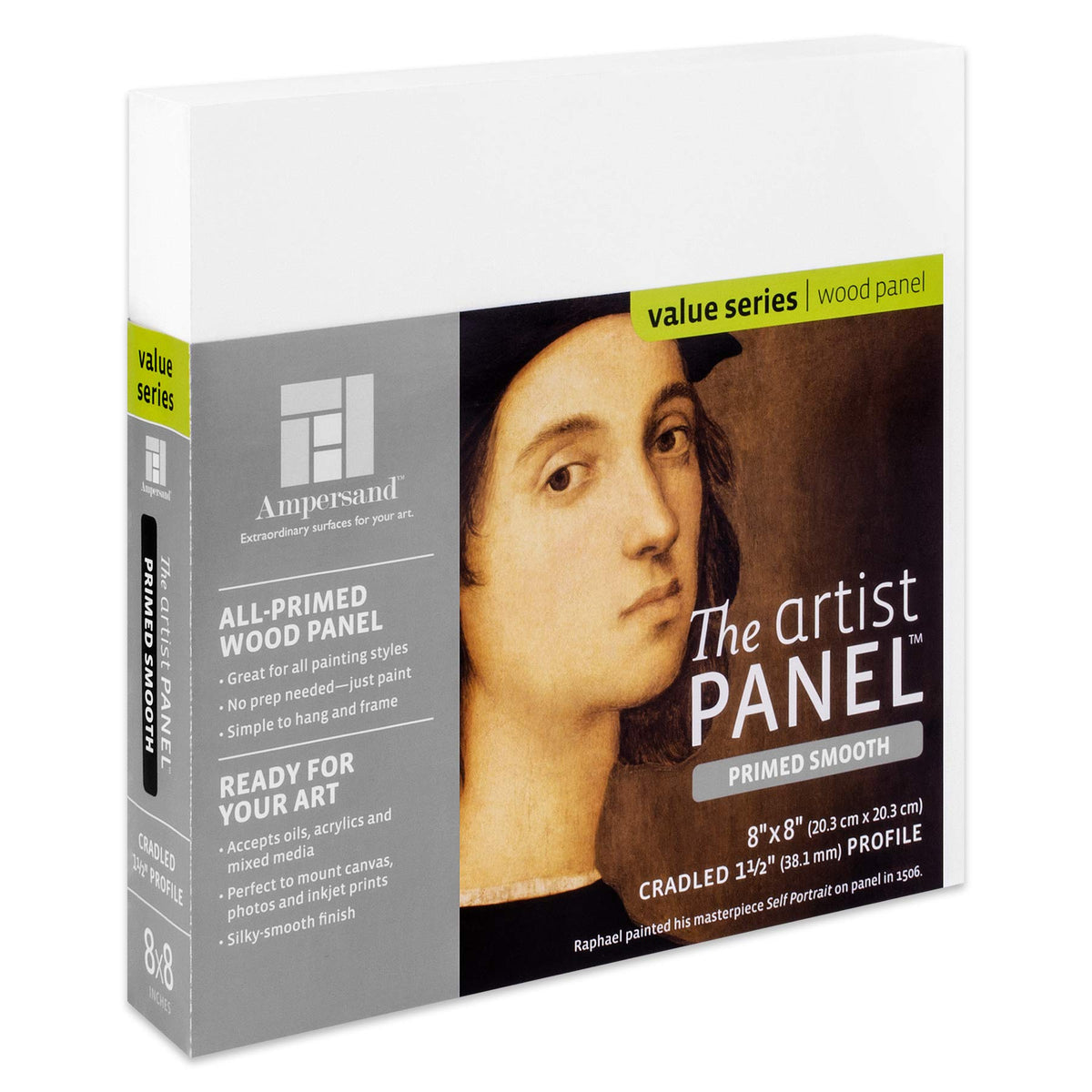 Ampersand Art Supply Wood Gesso Artist Painting Panel: Primed Smooth, 8 X 8, 1-1/2 Cradled Profile