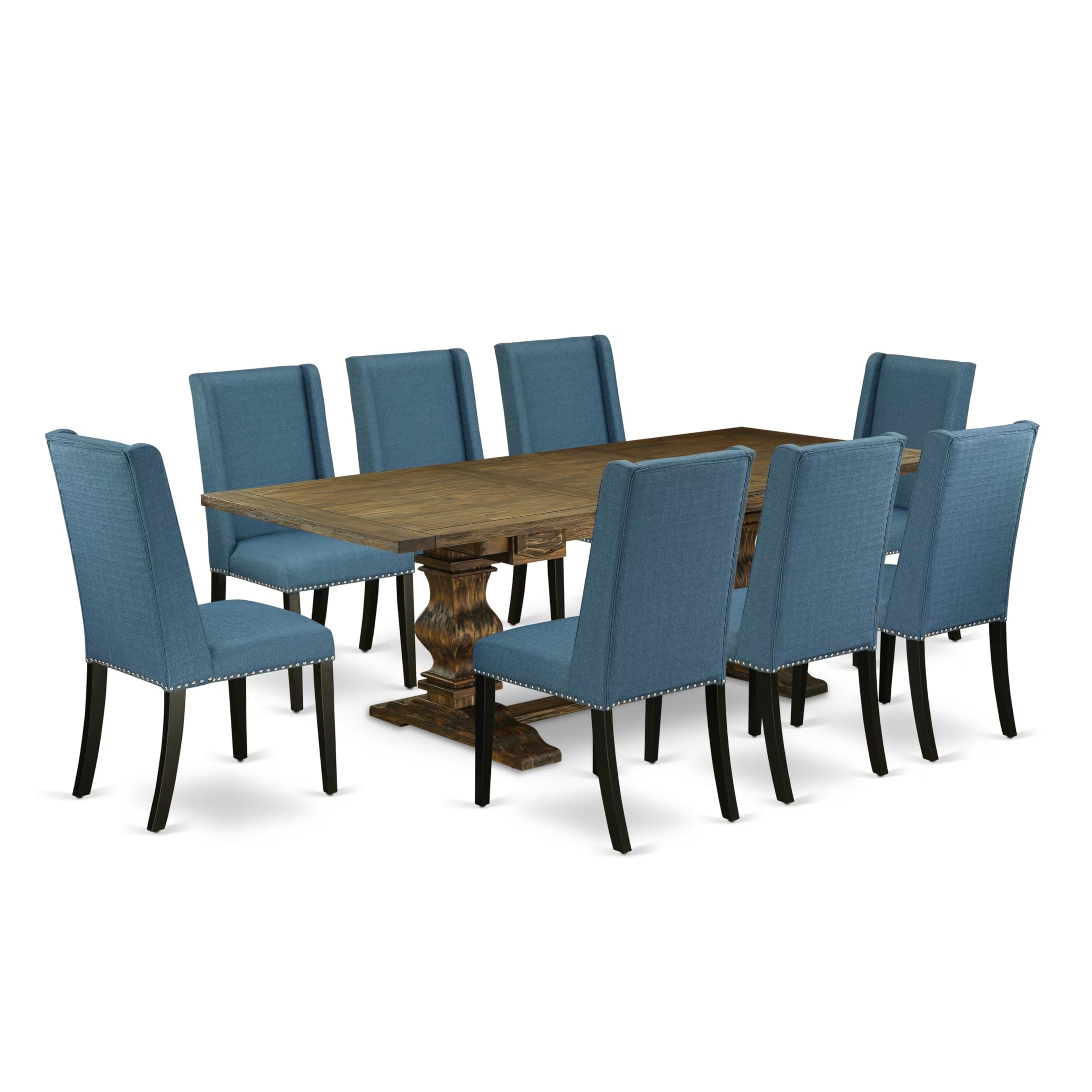 9-piece dining table set with Chairs Legs and Mineral Blue Linen Fabric
