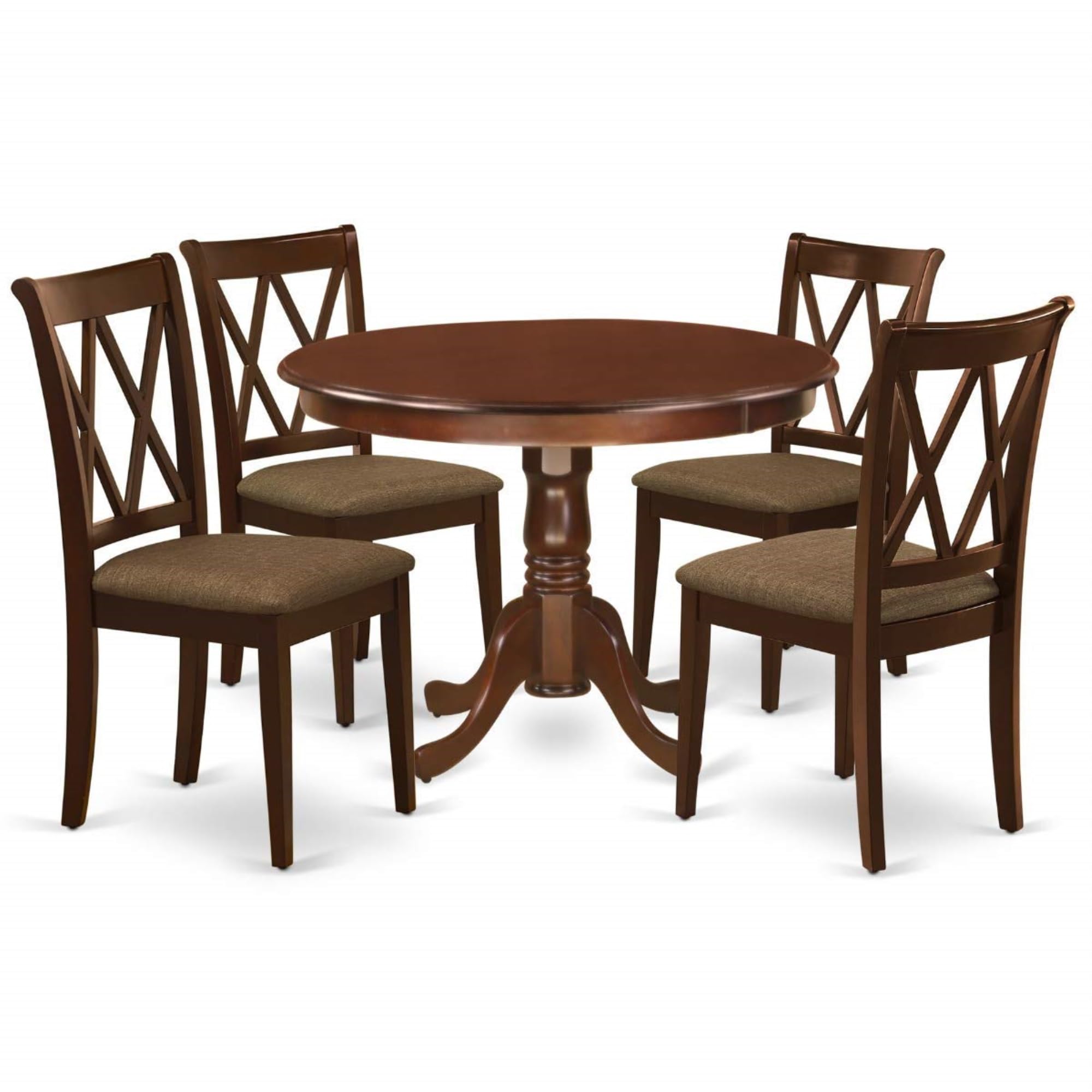 Casafoyer HLCL5-MAH-C 5 Piece Dining Room Table Set Includes a Round Dining Table with Pedestal and 4 Linen Fabric Upholstered Chairs, 42x42 Inch, Mahogany