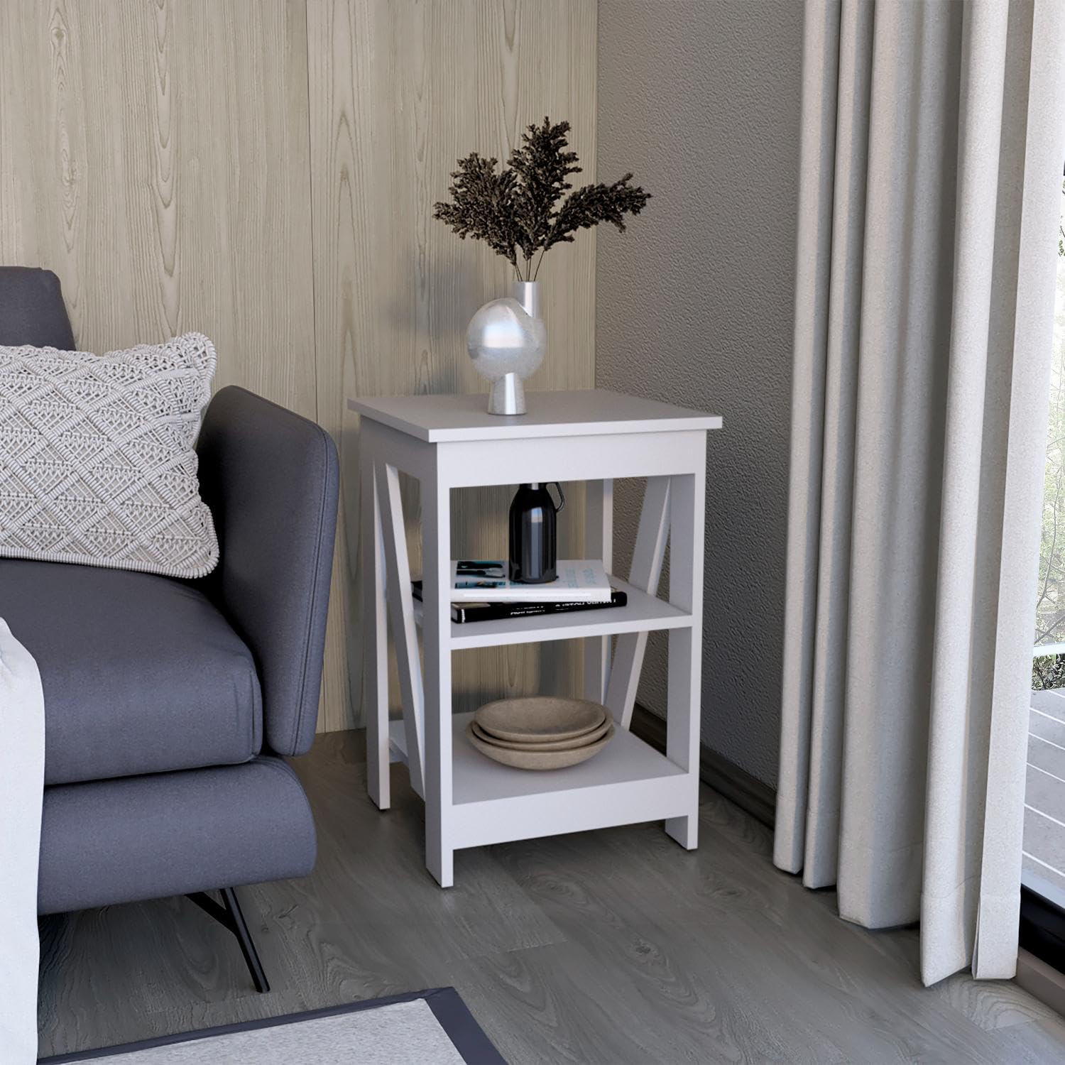 End Table, Side Table, Nightstand, 3-Tier Storage Shelf, Sofa Table for Small Space White