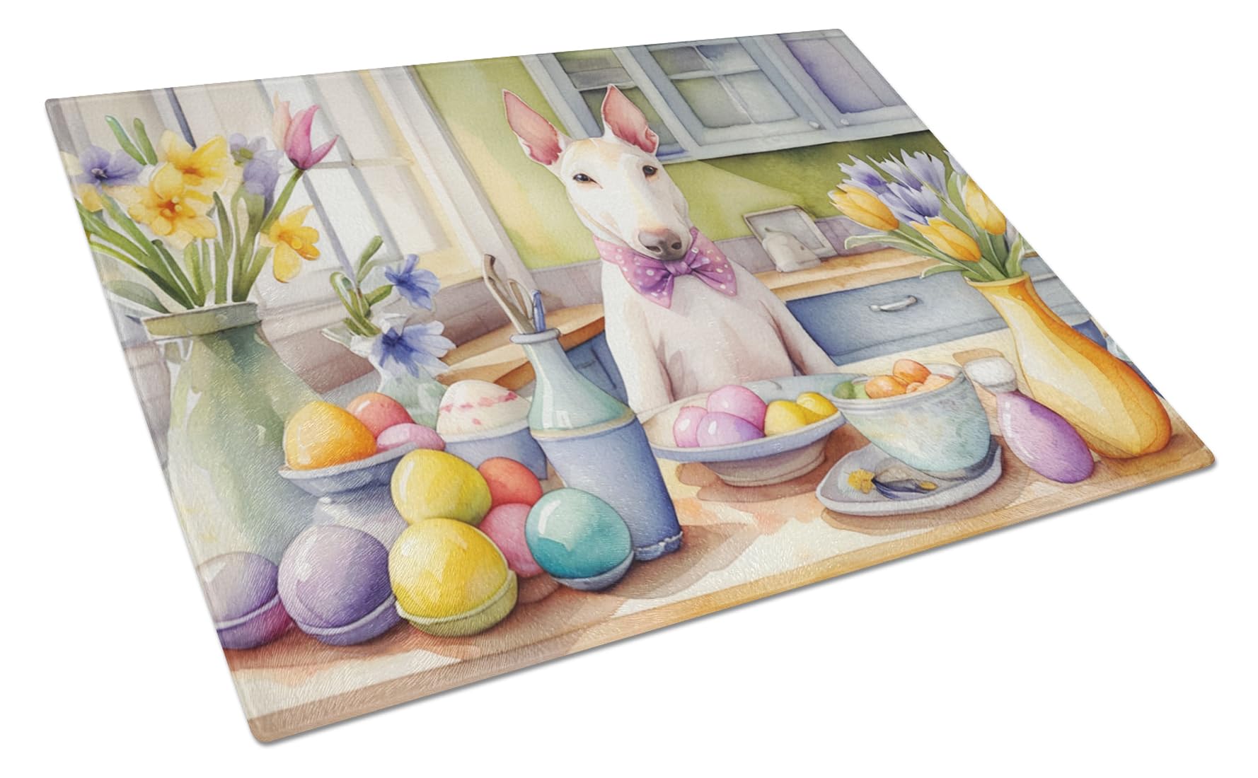 Carolines Treasures DAC6778LCB Decorating Easter Bull Terrier Glass Cutting Board Decorative Tempered Glass Kitchen Cutting and Serving Board Large Size Chopping Board