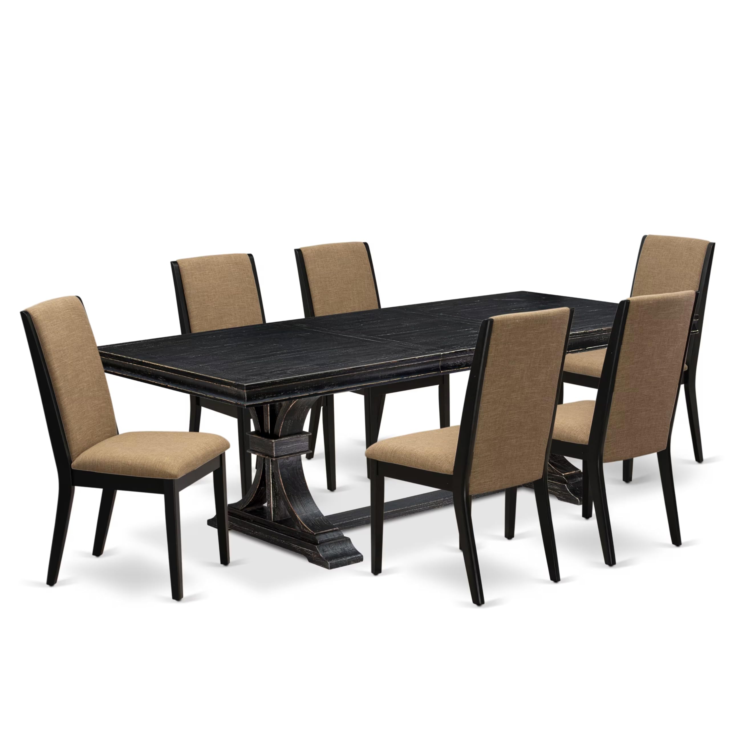 7 piece dining set of a wooden table 6 Linen Fabric dining chairs & black legs
