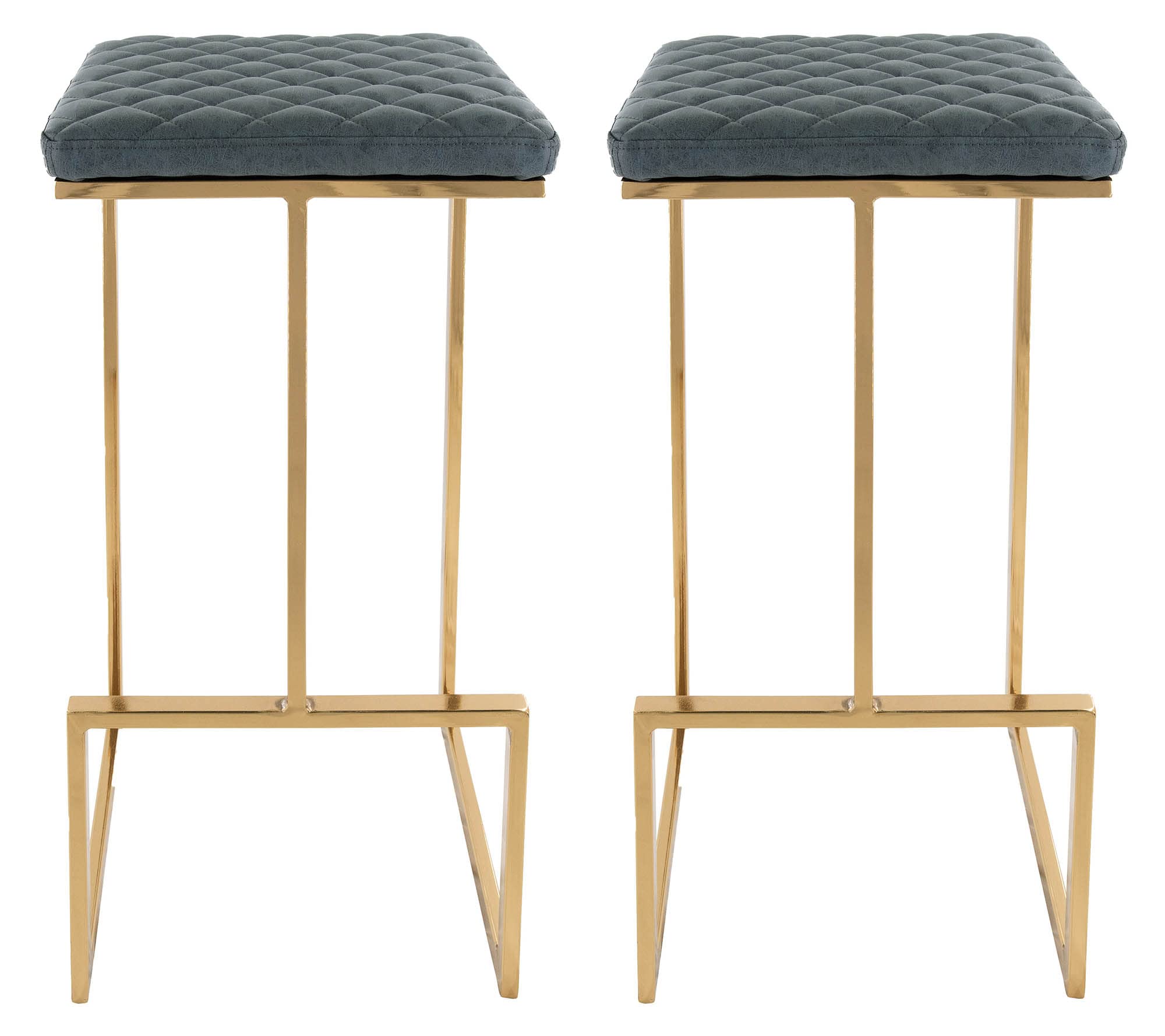 Leisuremod Quincy Quilted Stitched Leather Kitchen Counter Bar Stools With Gold Metal Frame Set Of 2 (Peacock Blue)