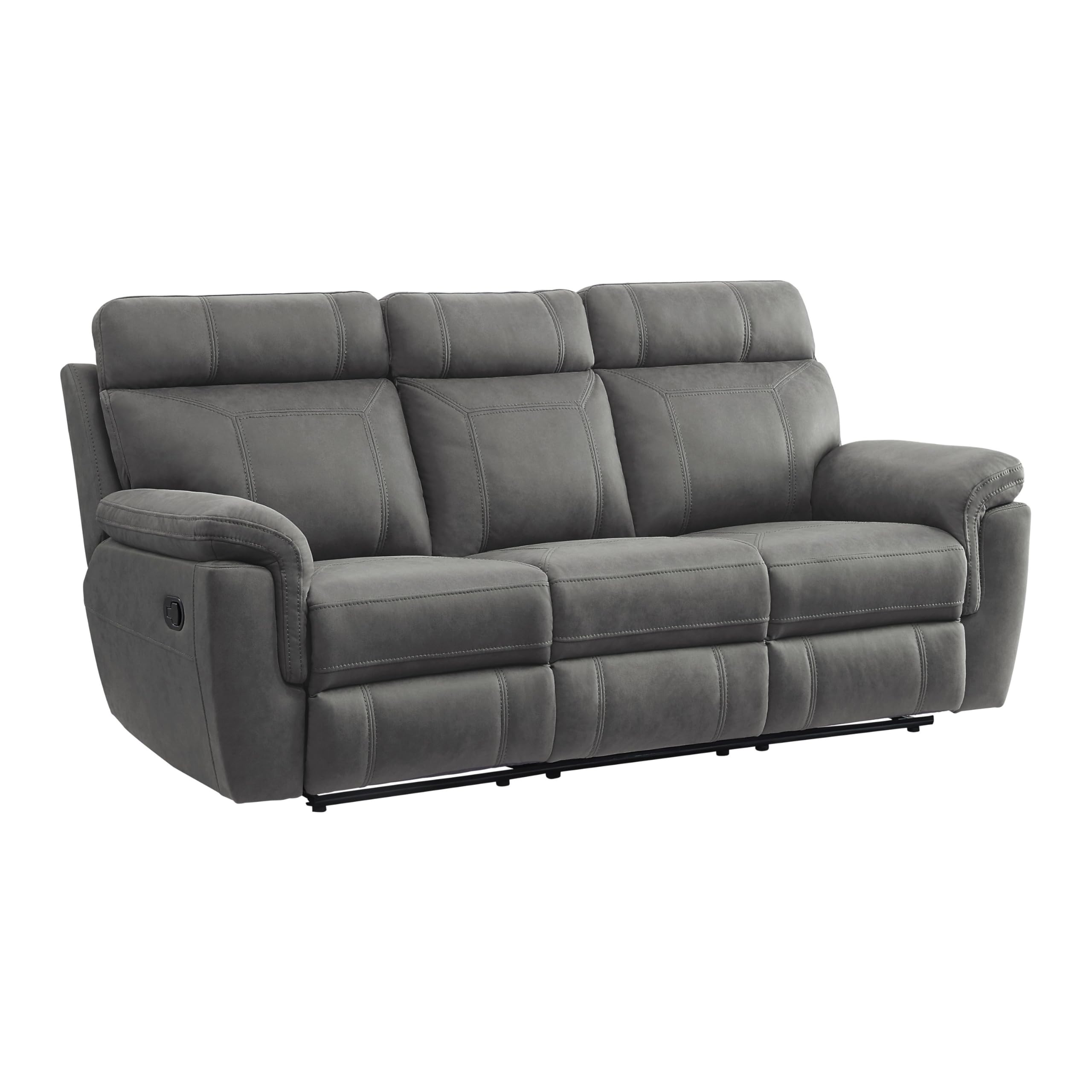 Cliff 84 Inch Manual Reclining Sofa, Gray Microfiber, Solid Wood, Metal