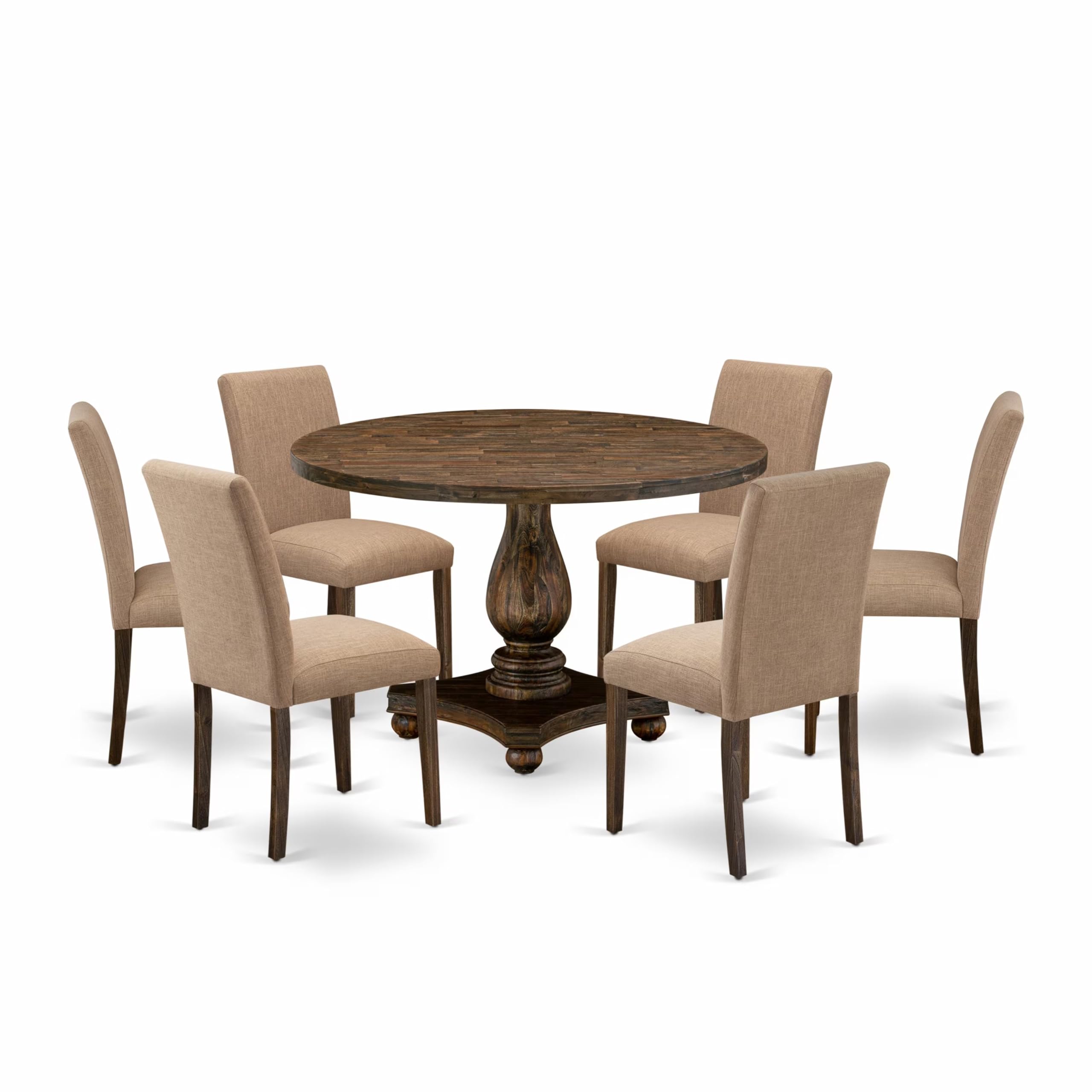 East West Furniture 7 Piece Dining Table Set Includes a Dining Room Table and 6 Light Sable Linen Fabric Mid Century Modern Chairs with High Back - Distressed Jacobean Finish