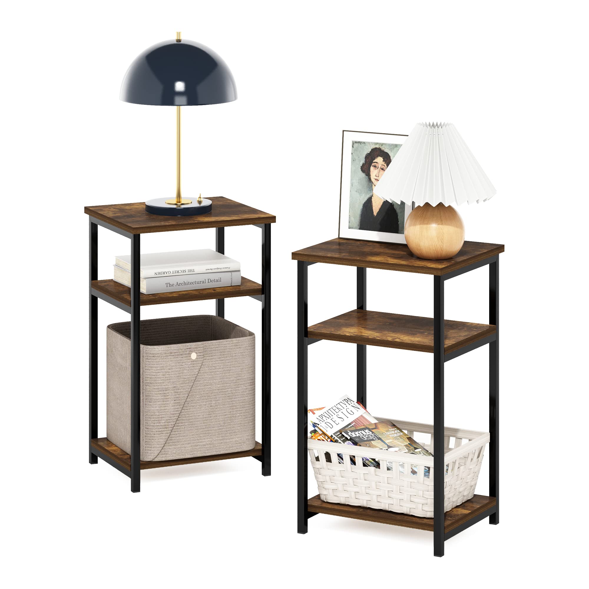 Furinno Just 3-Tier Industrial Metal Frame End Table with Storage Shelves  2-Pack  Amber Pine