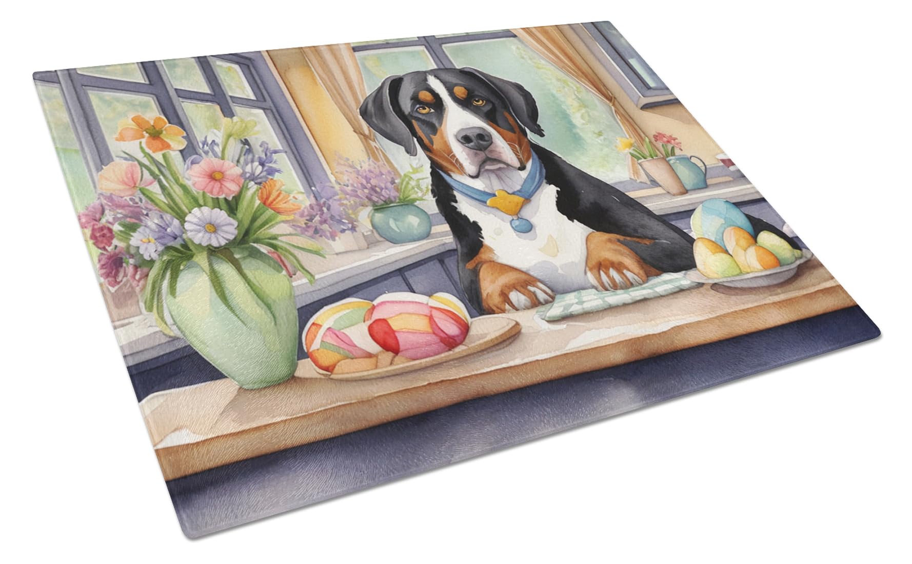 Carolines Treasures DAC6830LCB Decorating Easter Greater Swiss Mountain Dog Glass Cutting Board Decorative Tempered Glass Kitchen Cutting and Serving Board Large Size Chopping Board
