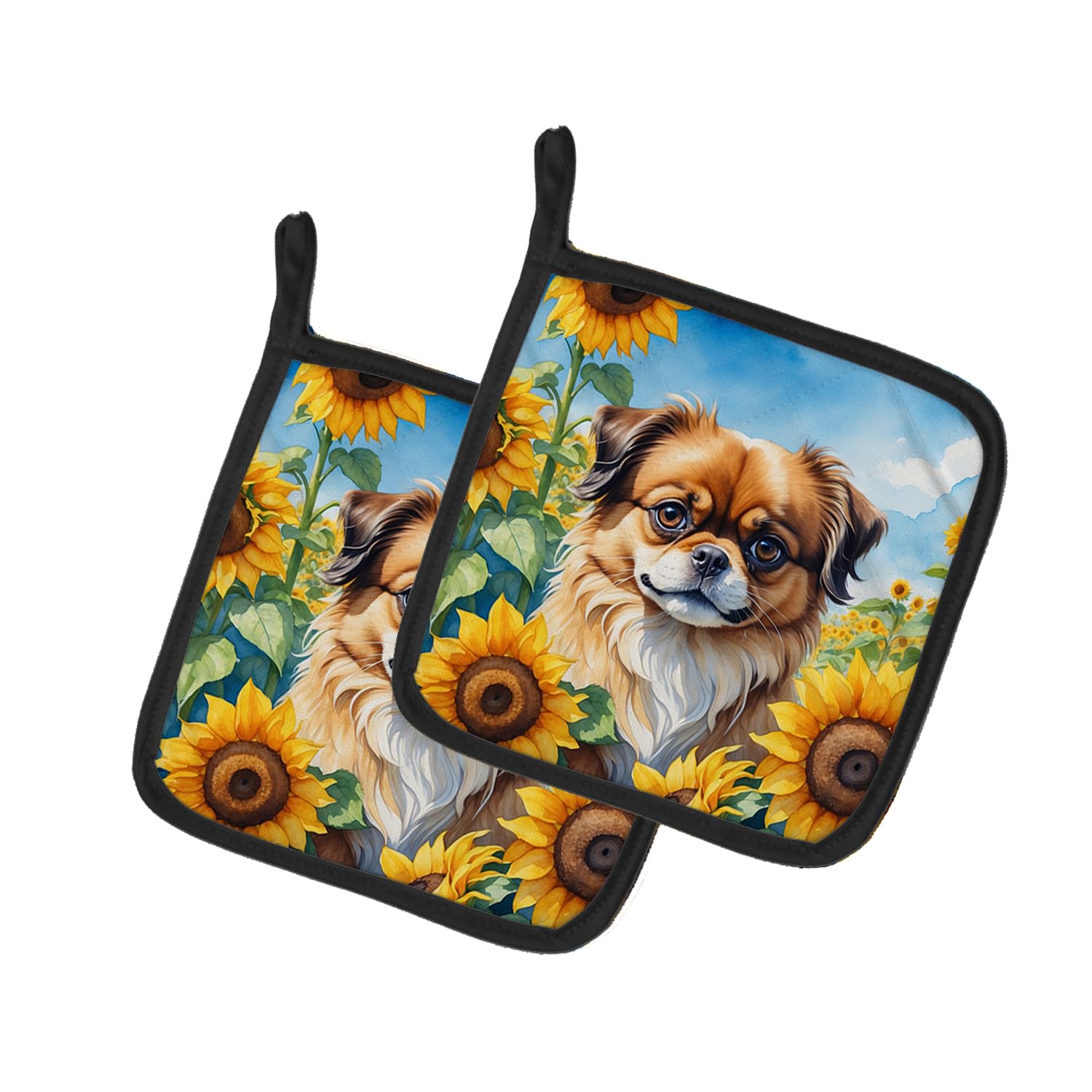 Tibetan Spaniel in Sunflowers Pair of Pot Holders
