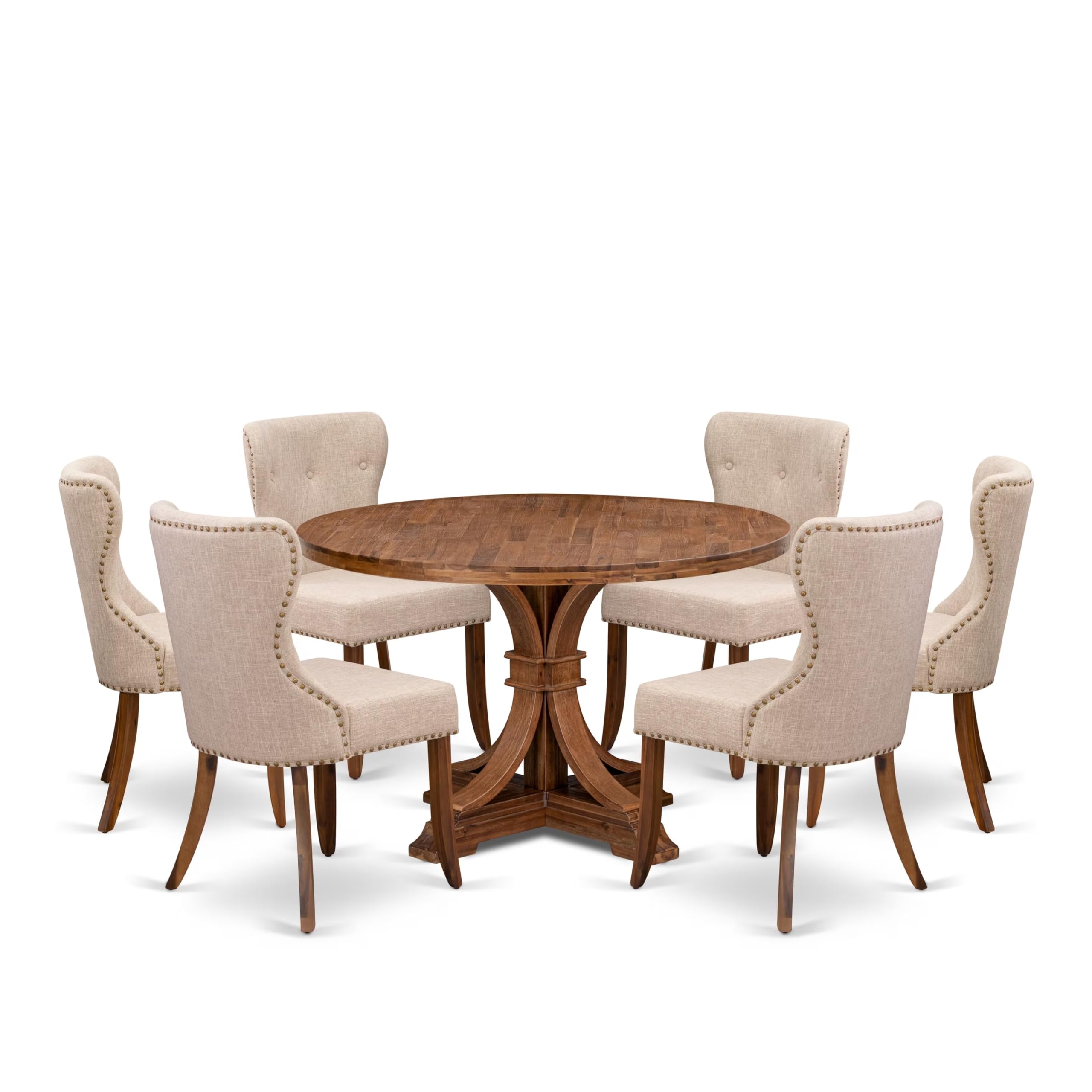 7 Piece Dinette Set Includes 48 Round Table In Light Tan Color