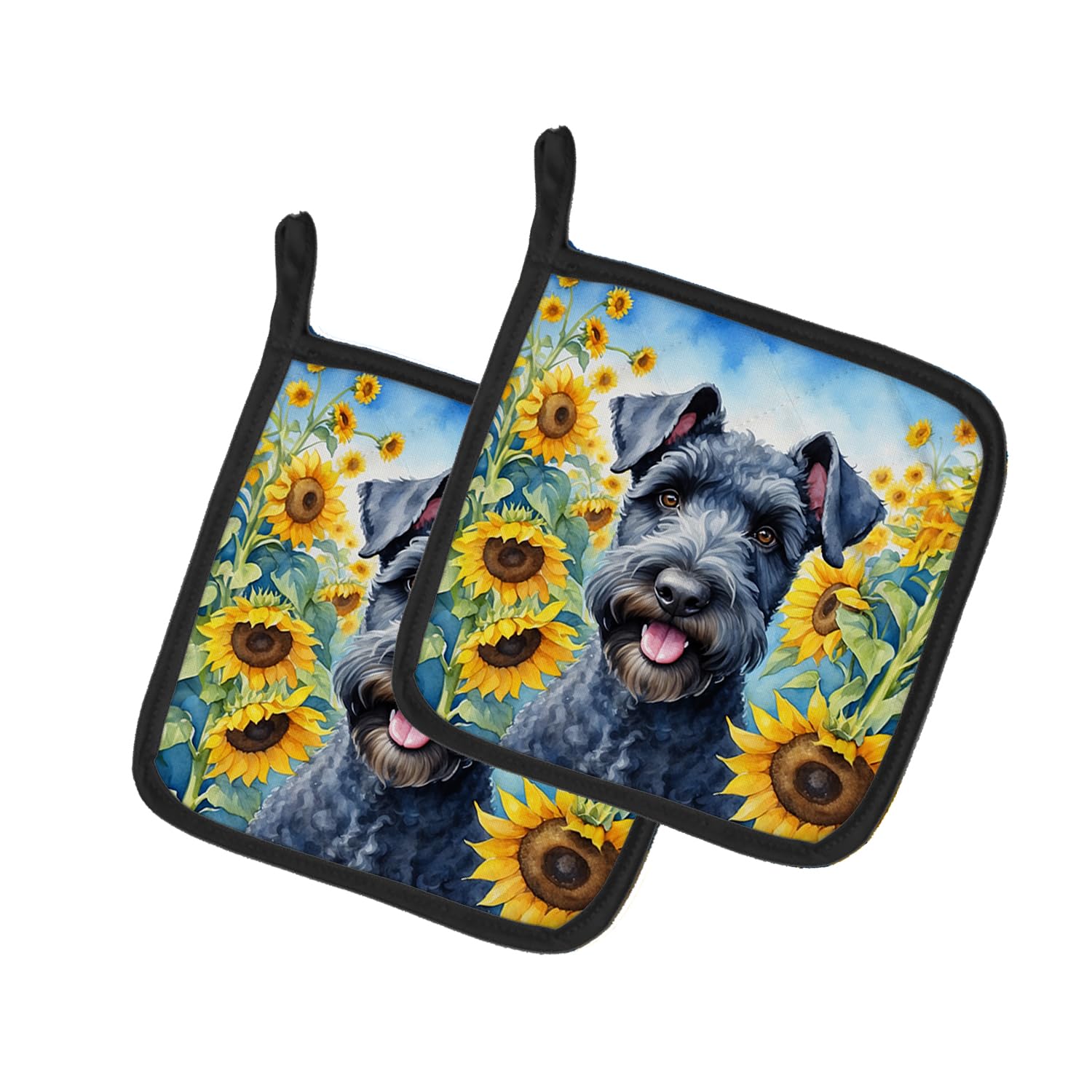 Kerry Blue Terrier in Sunflowers Pair of Pot Holders