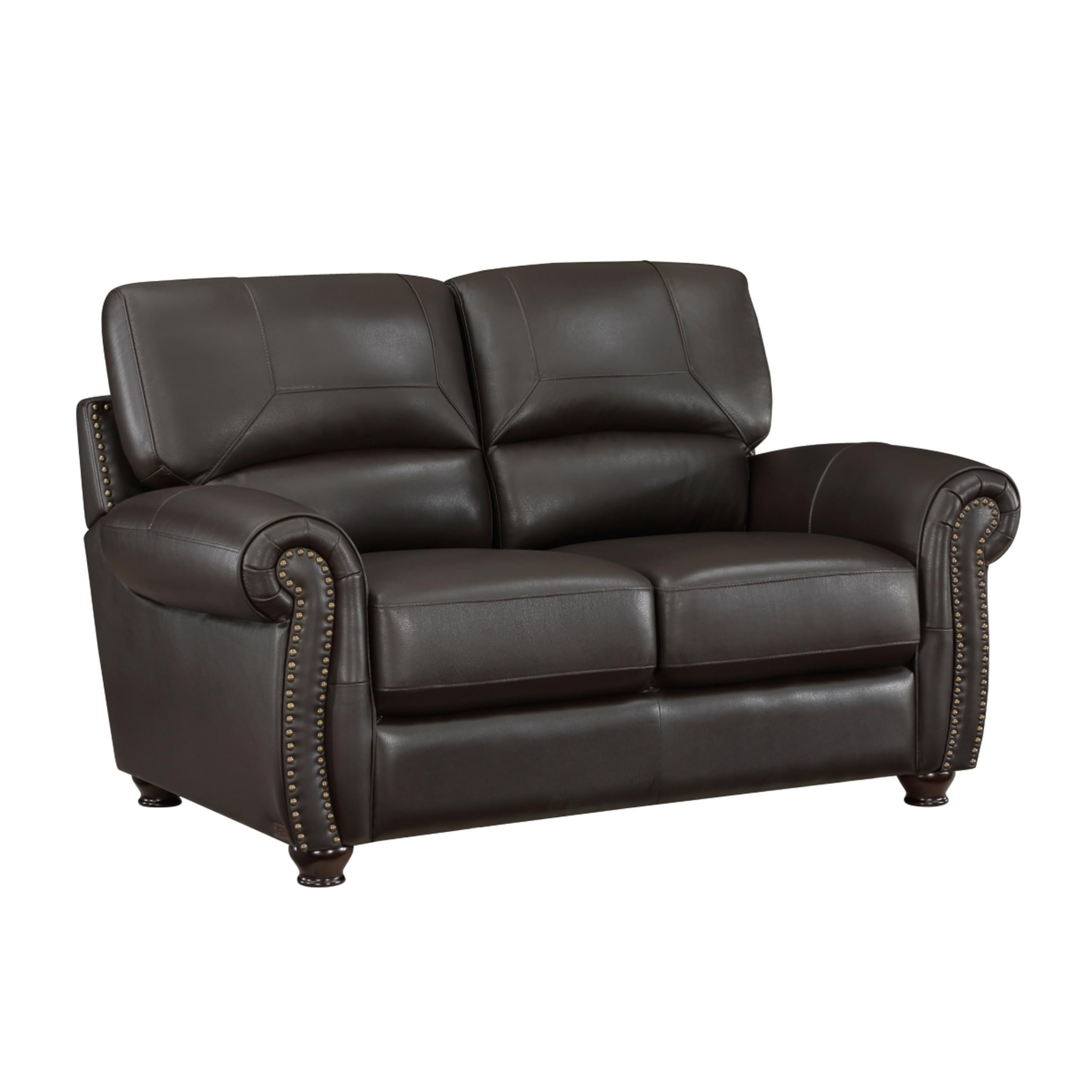Kia 63 Inch Loveseat, Dark Brown Top Grain and Faux Leather, Solid Wood