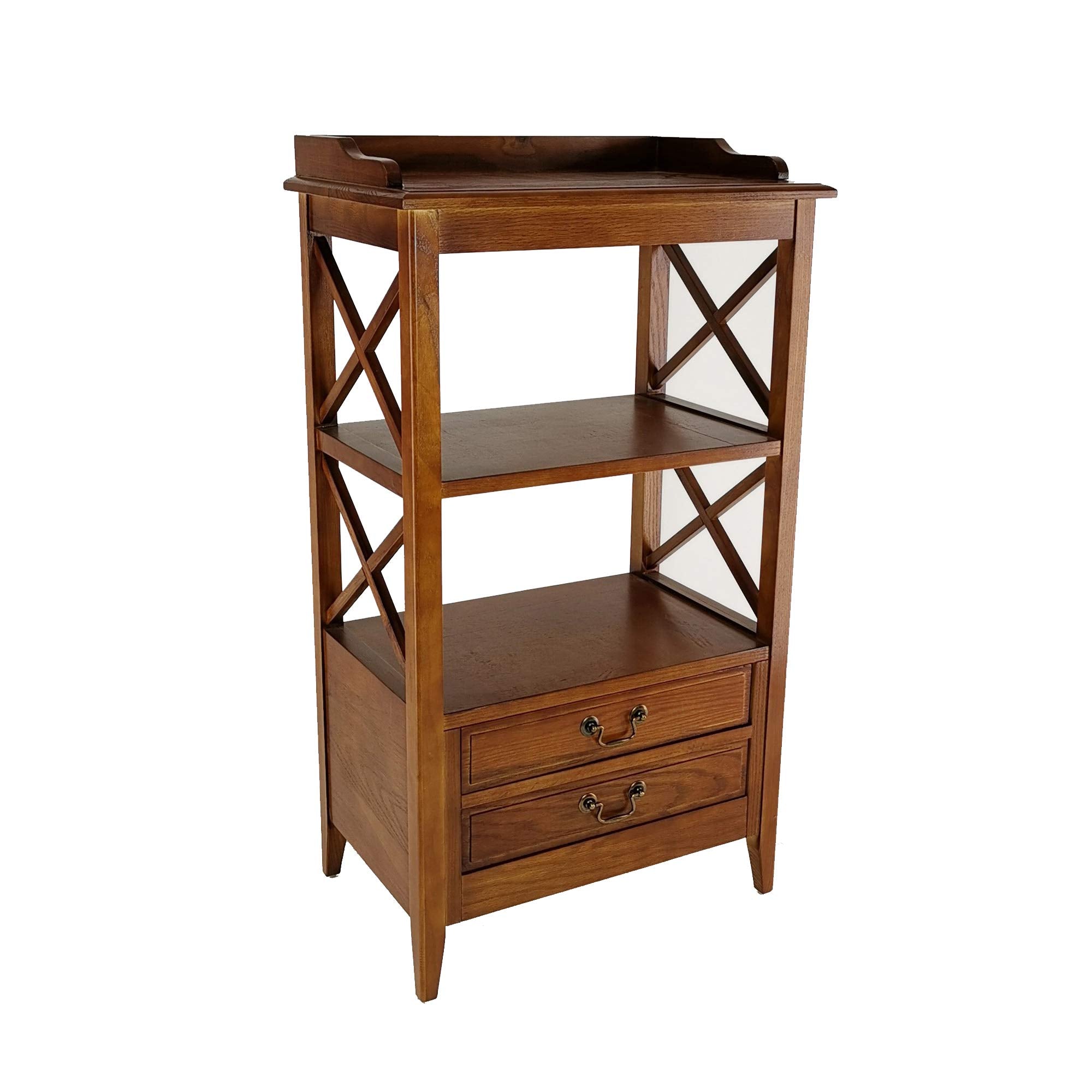 X Frame Wooden Rack with 2 Drawers and Open Shelf, Brown