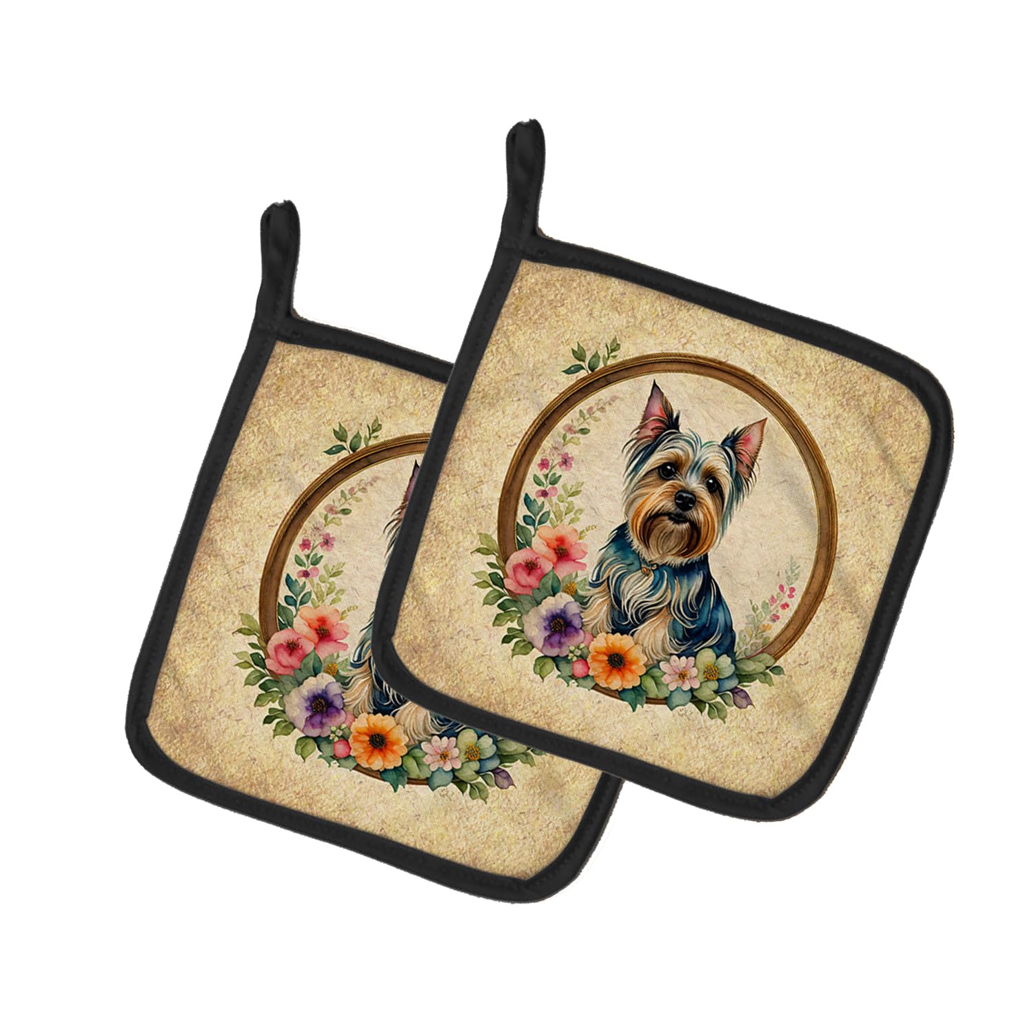 Silky Terrier and Flowers Pair of Pot Holders