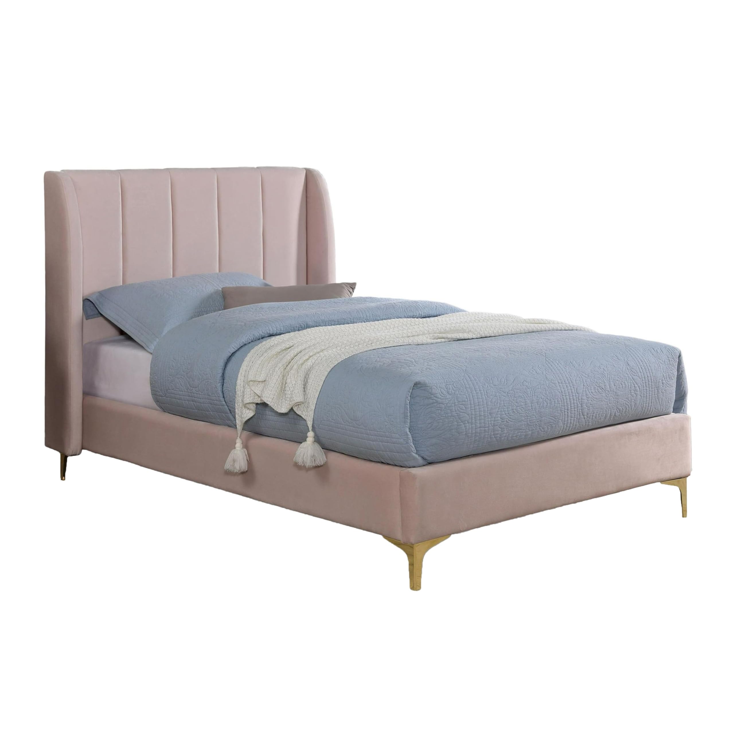 Pevy Queen Size Bed, Tufted Wingback in Light Pink Velvetlike Upholstery