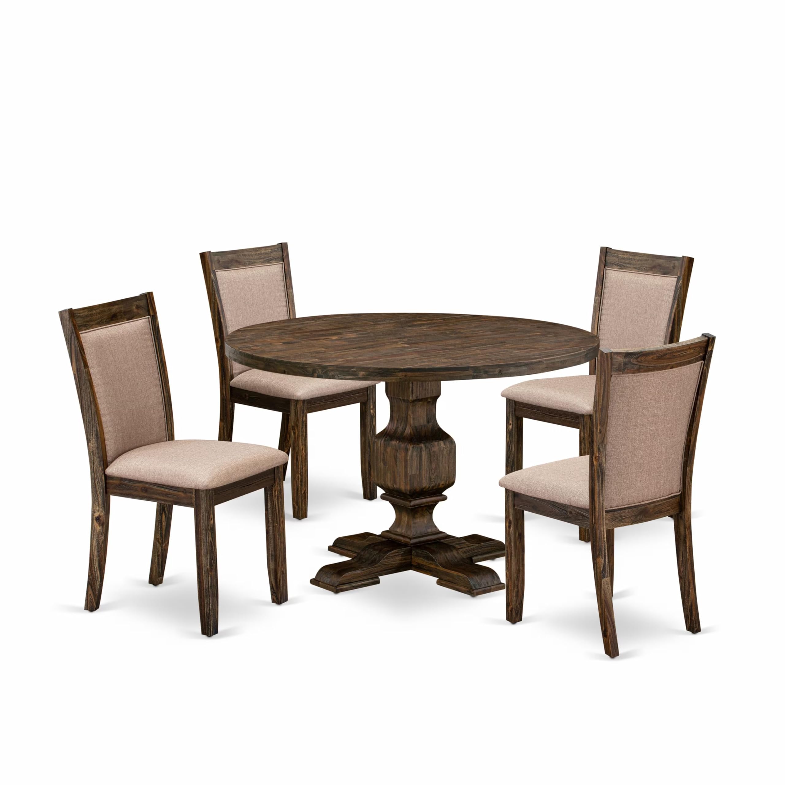 East West Furniture 5 Piece Dining Room Set Includes a Mid Century Dining Table and 4 Dark Khaki Linen Fabric Kitchen Chairs with High Back - Distressed Jacobean Finish
