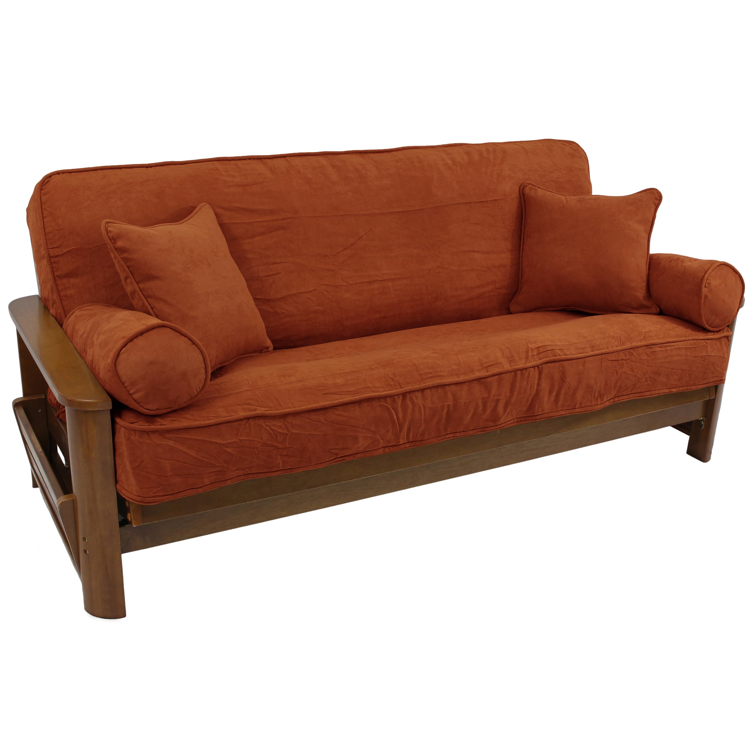Solid Microsuede Double Corded 8 to 9-inch Full Futon Cover Set with Four Throw Pillows (Set of 5) - Spice