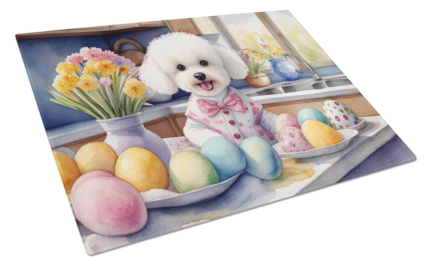 Carolines Treasures DAC6763LCB Decorating Easter Bichon Frise Glass Cutting Board Decorative Tempered Glass Kitchen Cutting and Serving Board Large Size Chopping Board