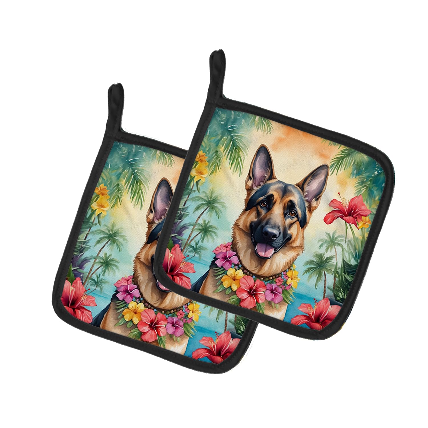 German Shepherd Luau Pair of Pot Holders