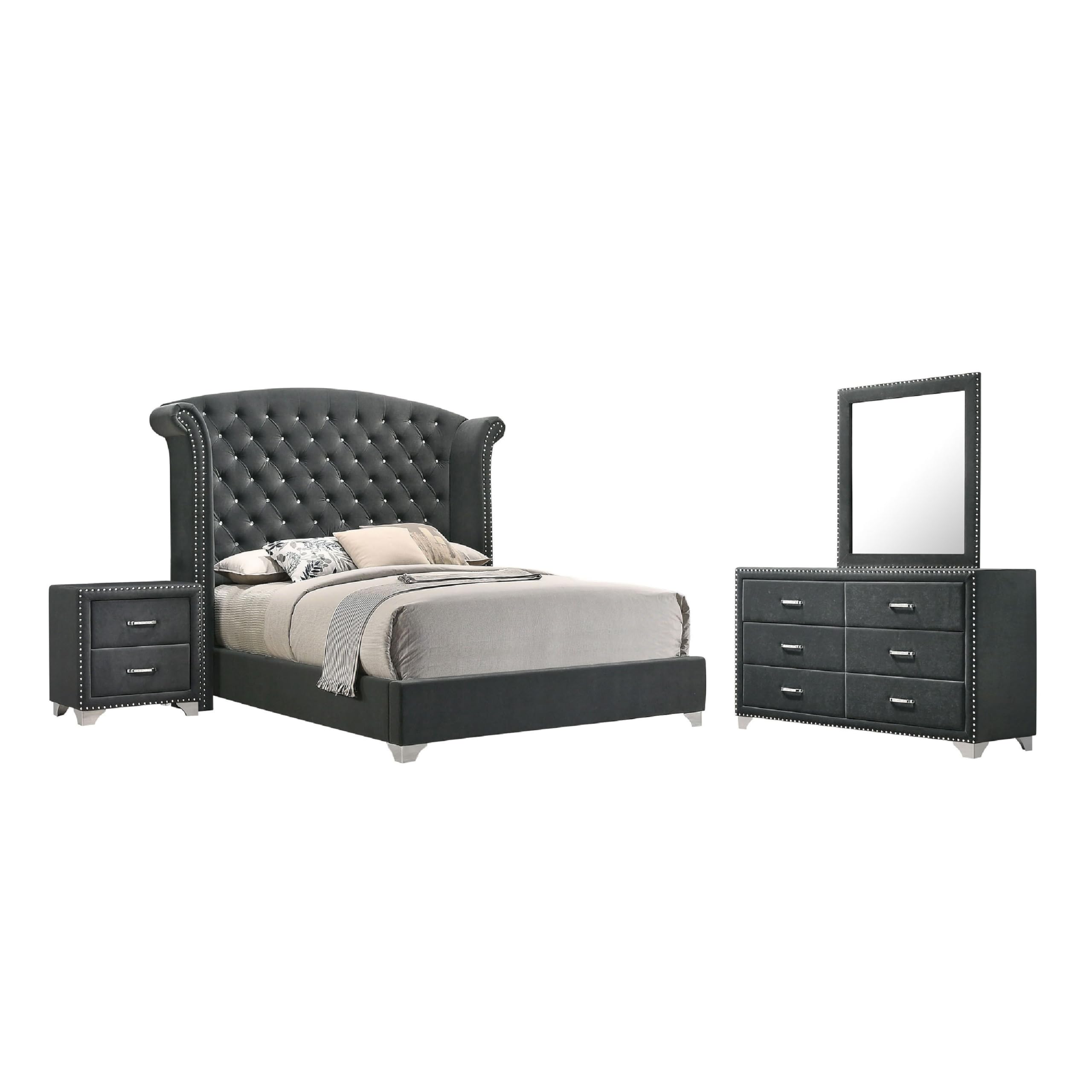 Giya 4pc Queen Bedroom Set, Classic Tufted Dark Gray Velvet Upholstery