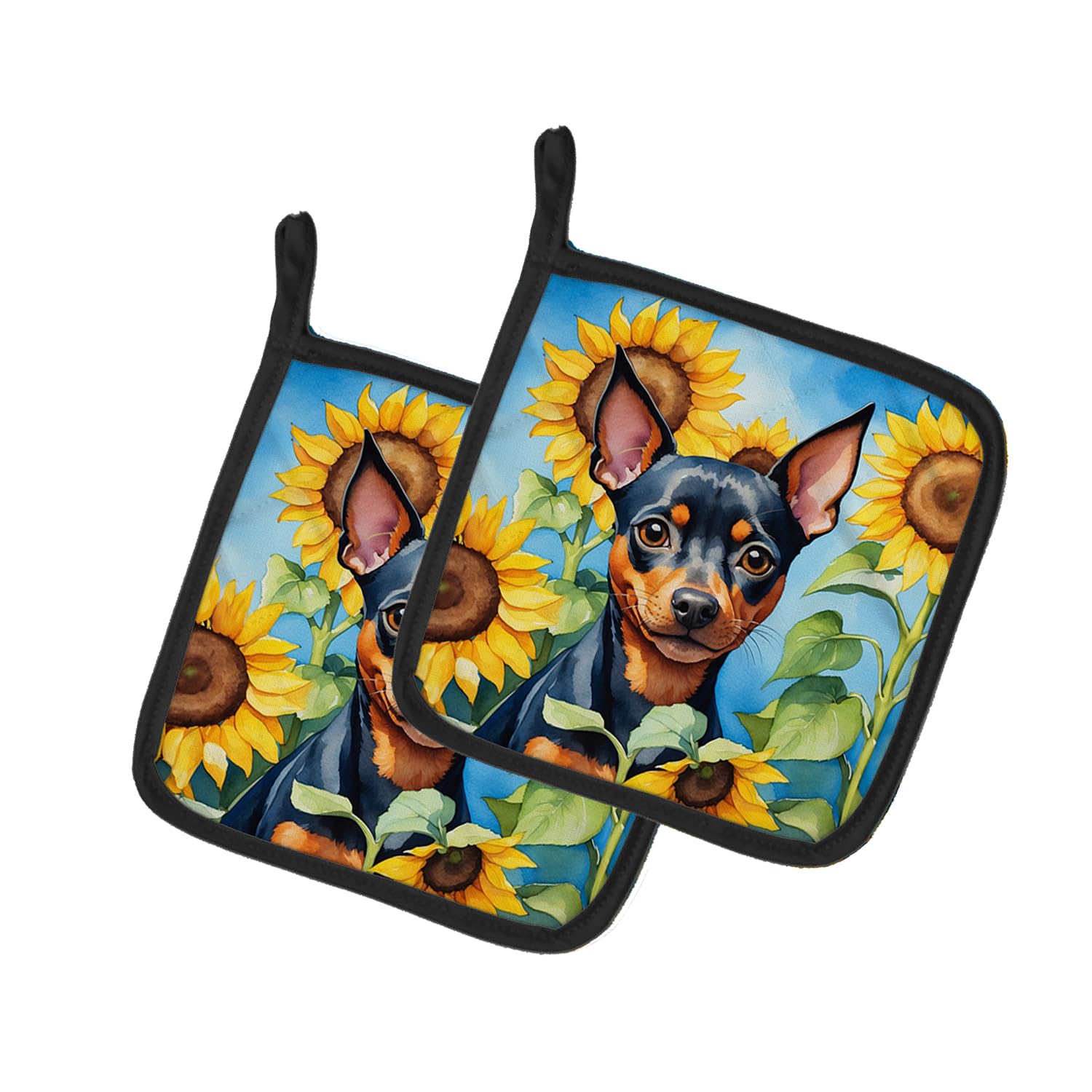 Miniature Pinscher in Sunflowers Pair of Pot Holders