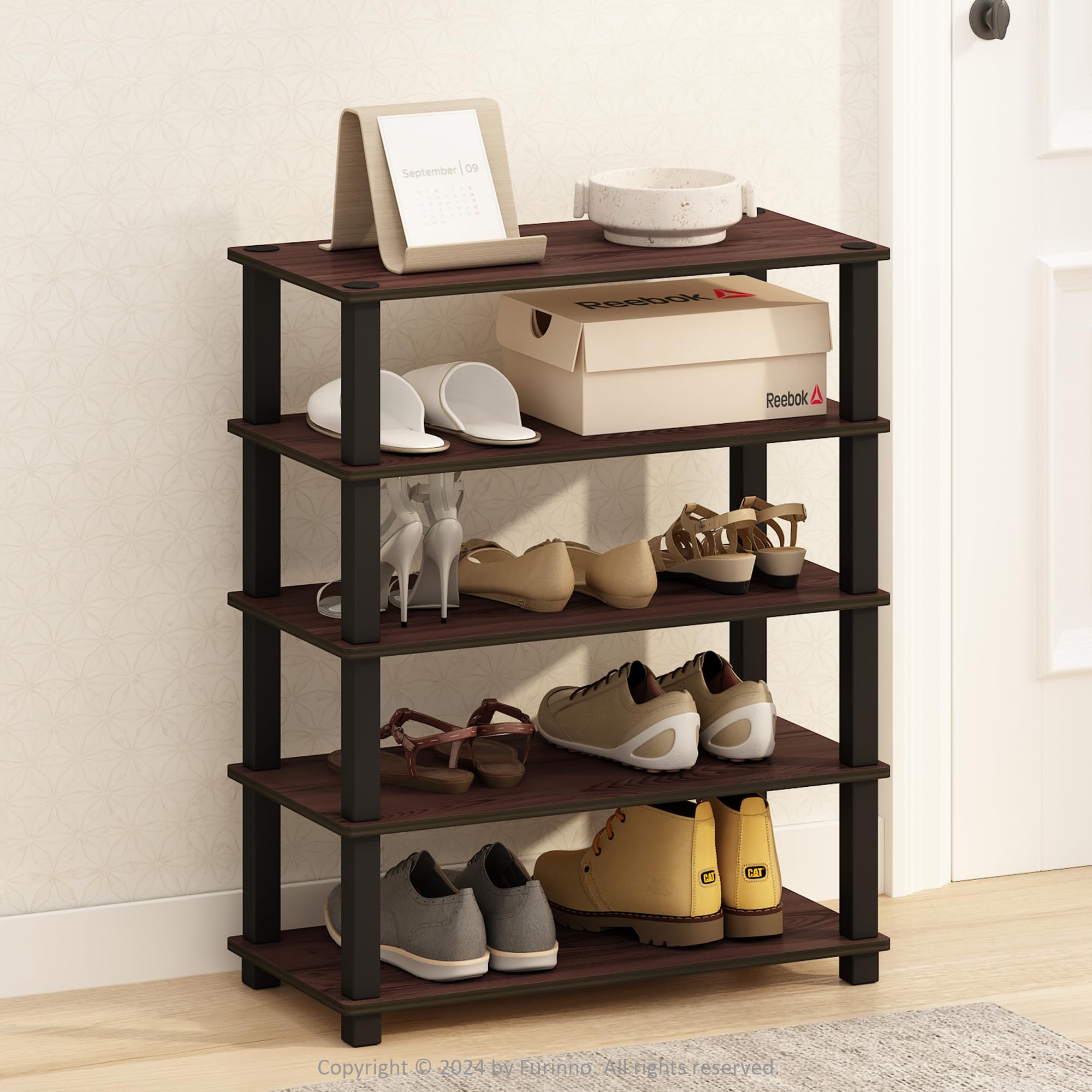Furinno Turn-S-Tube 3-Tier Multipurpose Standing Shelves, Dark Cherry/Black, Set of 2
