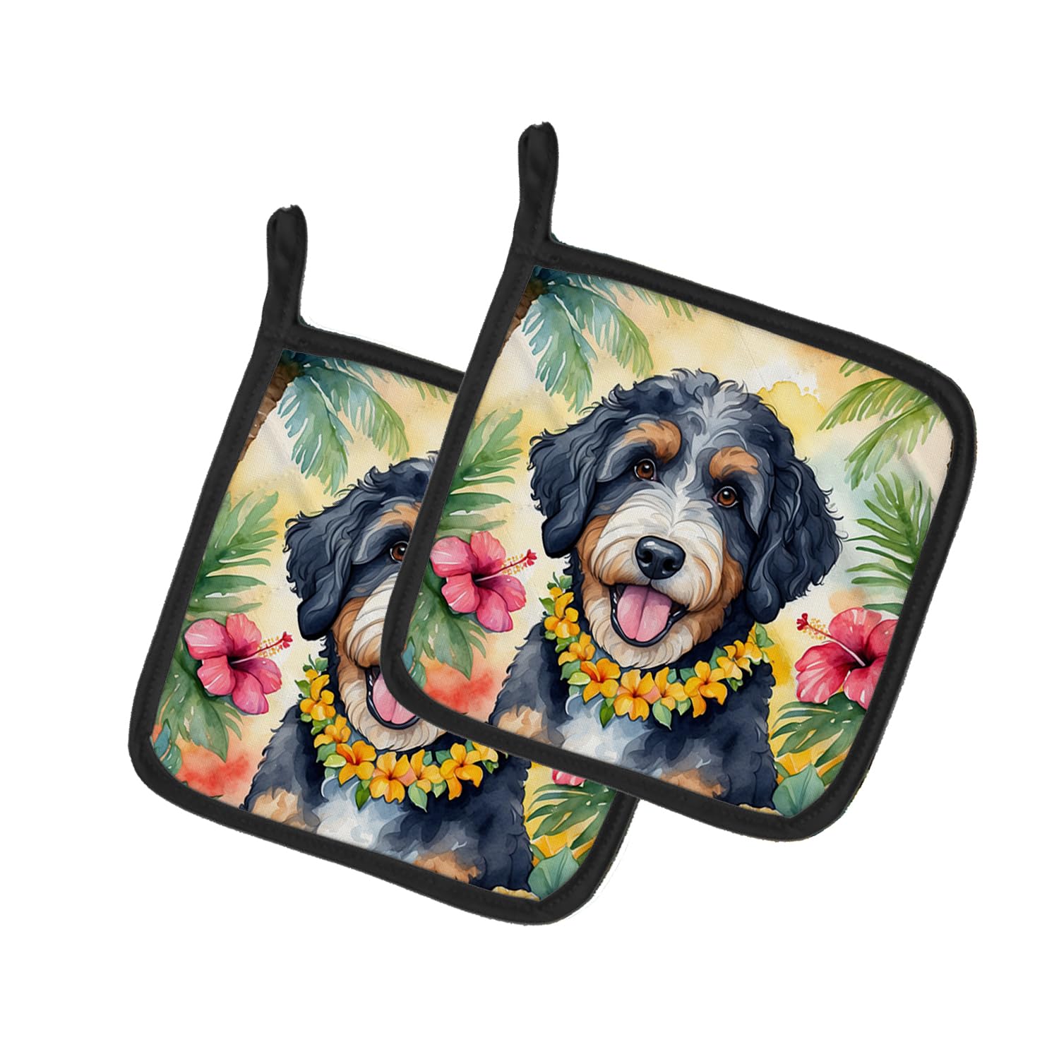 Bernedoodle Luau Pair of Pot Holders