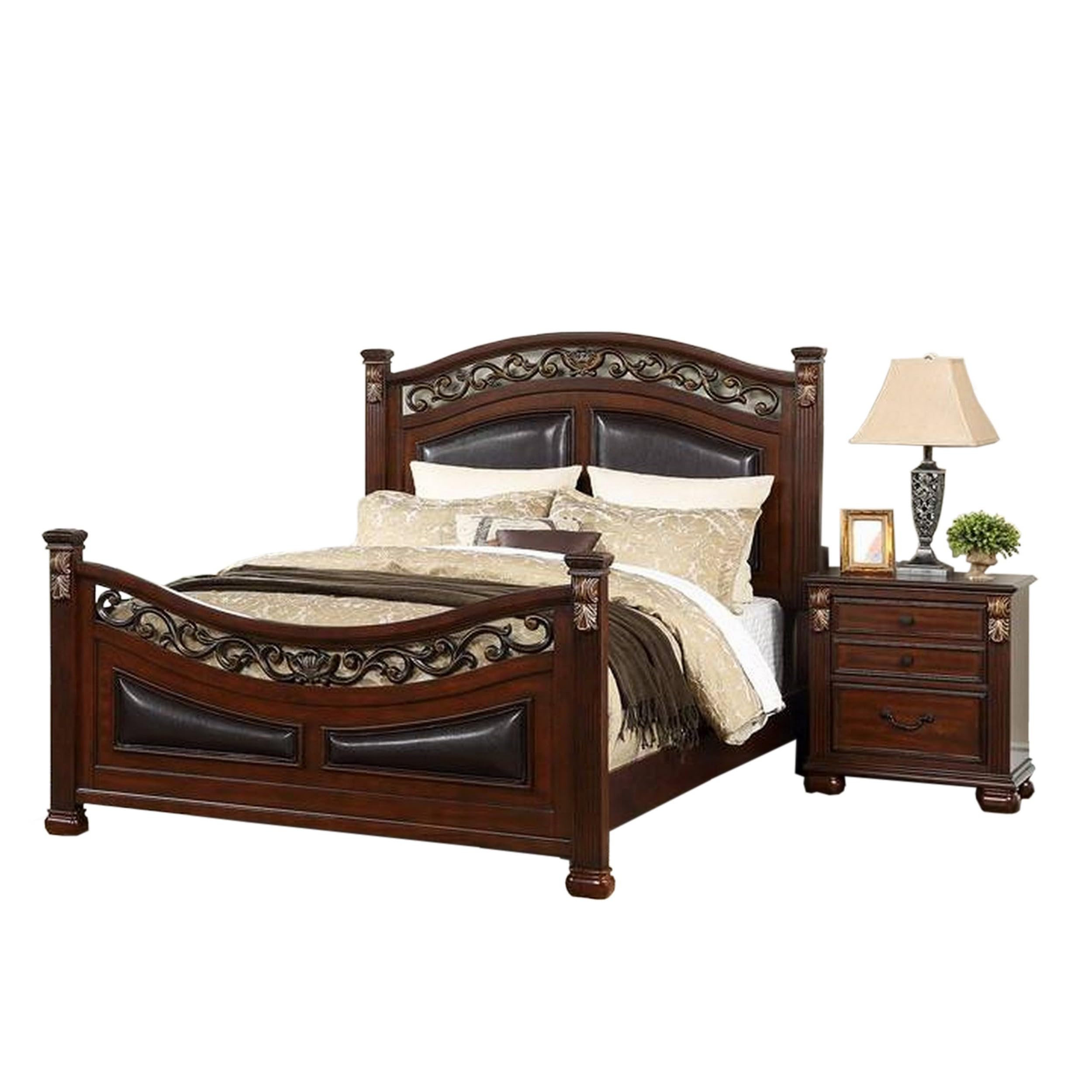Miri Arched King Size Bed, Carved Leaf Details, Reeded Pilasters, Oak Brown