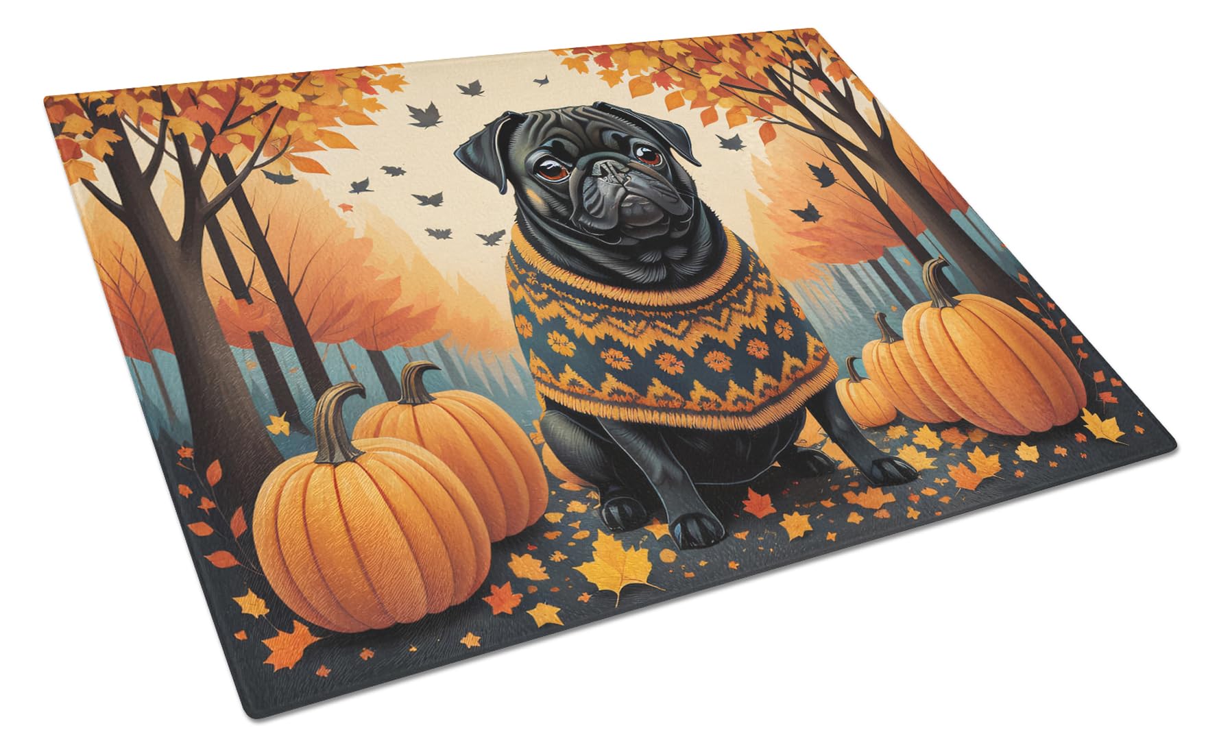 Carolines Treasures DAC1064LCB Black Pug Fall Glass Cutting Board Large Decorative Tempered Glass Kitchen Cutting and Serving Board Large Size Chopping Board