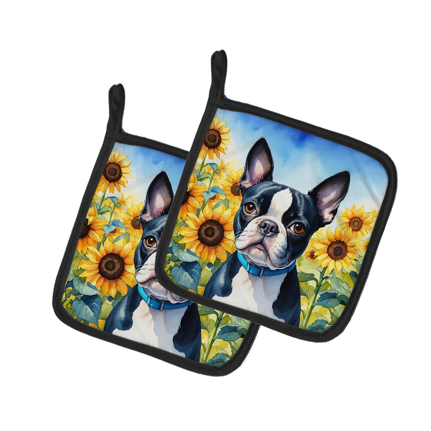 Boston Terrier in Sunflowers Pair of Pot Holders