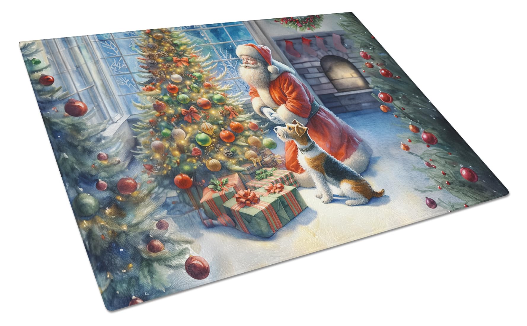 Carolines Treasures DAC4112LCB Fox Terrier and Santa Claus Glass Cutting Board Decorative Tempered Glass Kitchen Cutting and Serving Board Large Size Chopping Board