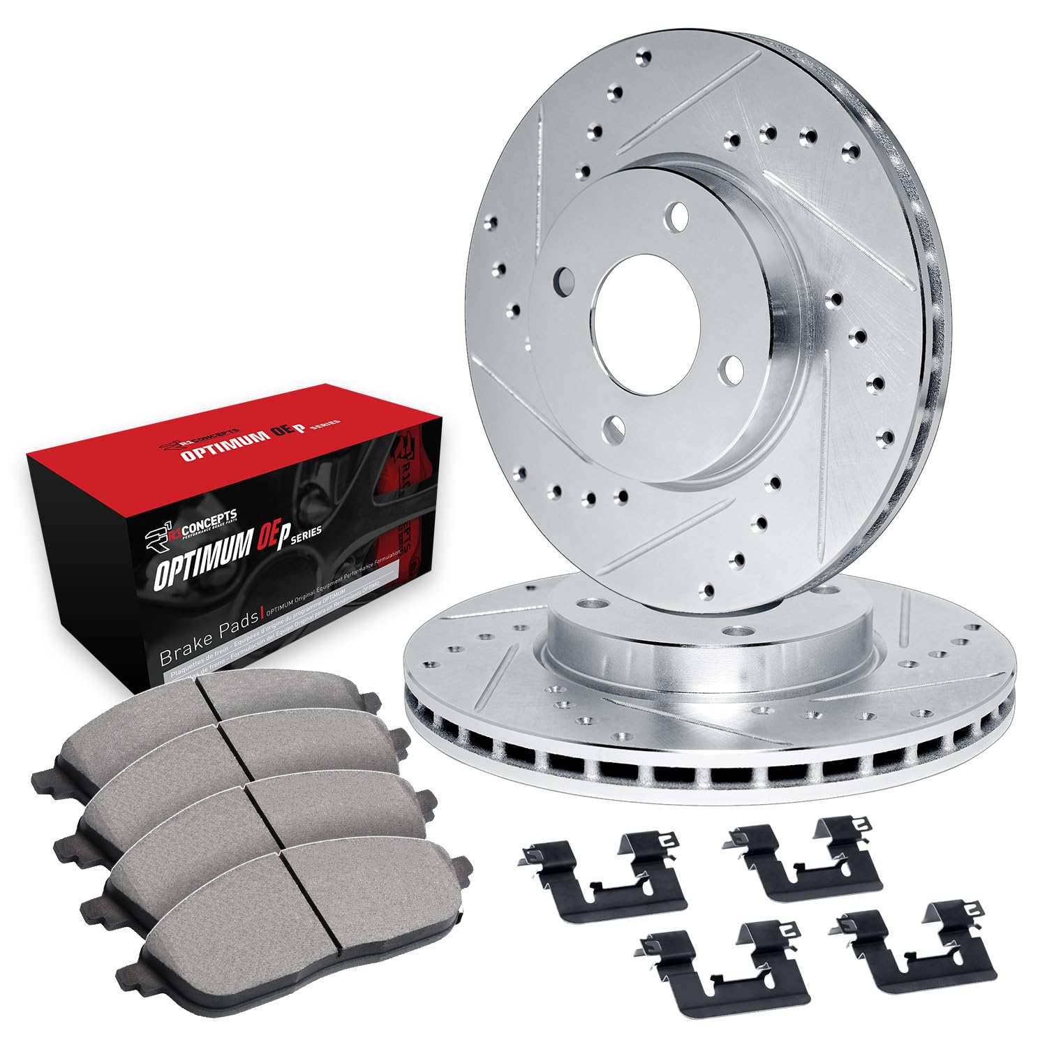R1 Concepts Drilled and Slotted Silver Disc Brake Rotor Set with Optimum Oe Pads and Hardware WGUH1-76017