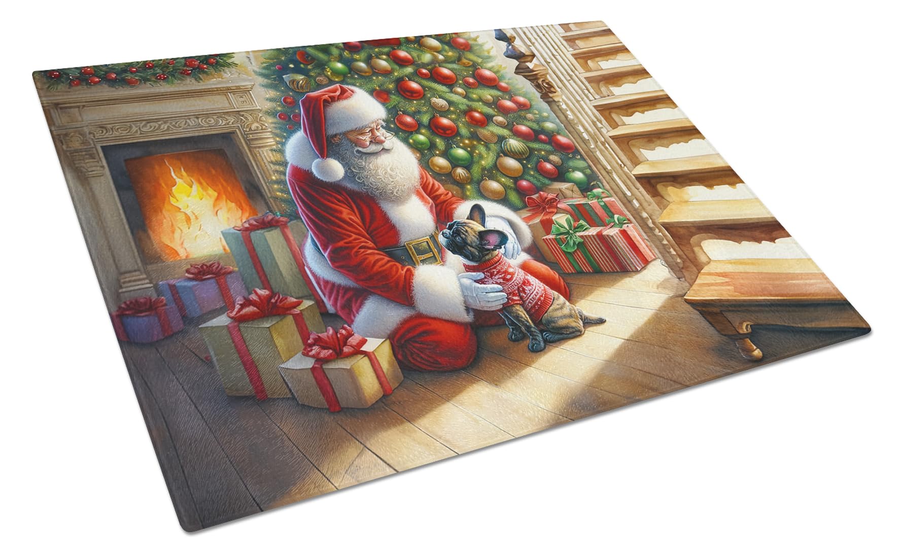Carolines Treasures DAC4113LCB French Bulldog and Santa Claus Glass Cutting Board Decorative Tempered Glass Kitchen Cutting and Serving Board Large Size Chopping Board