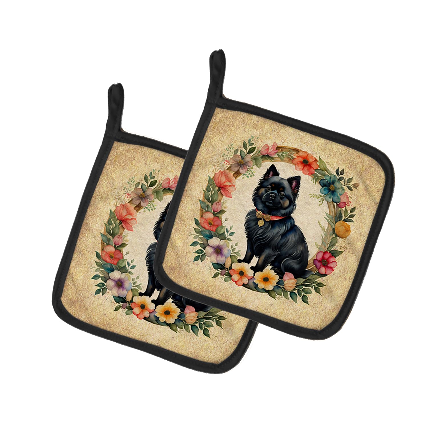 German Spitz and Flowers Pair of Pot Holders