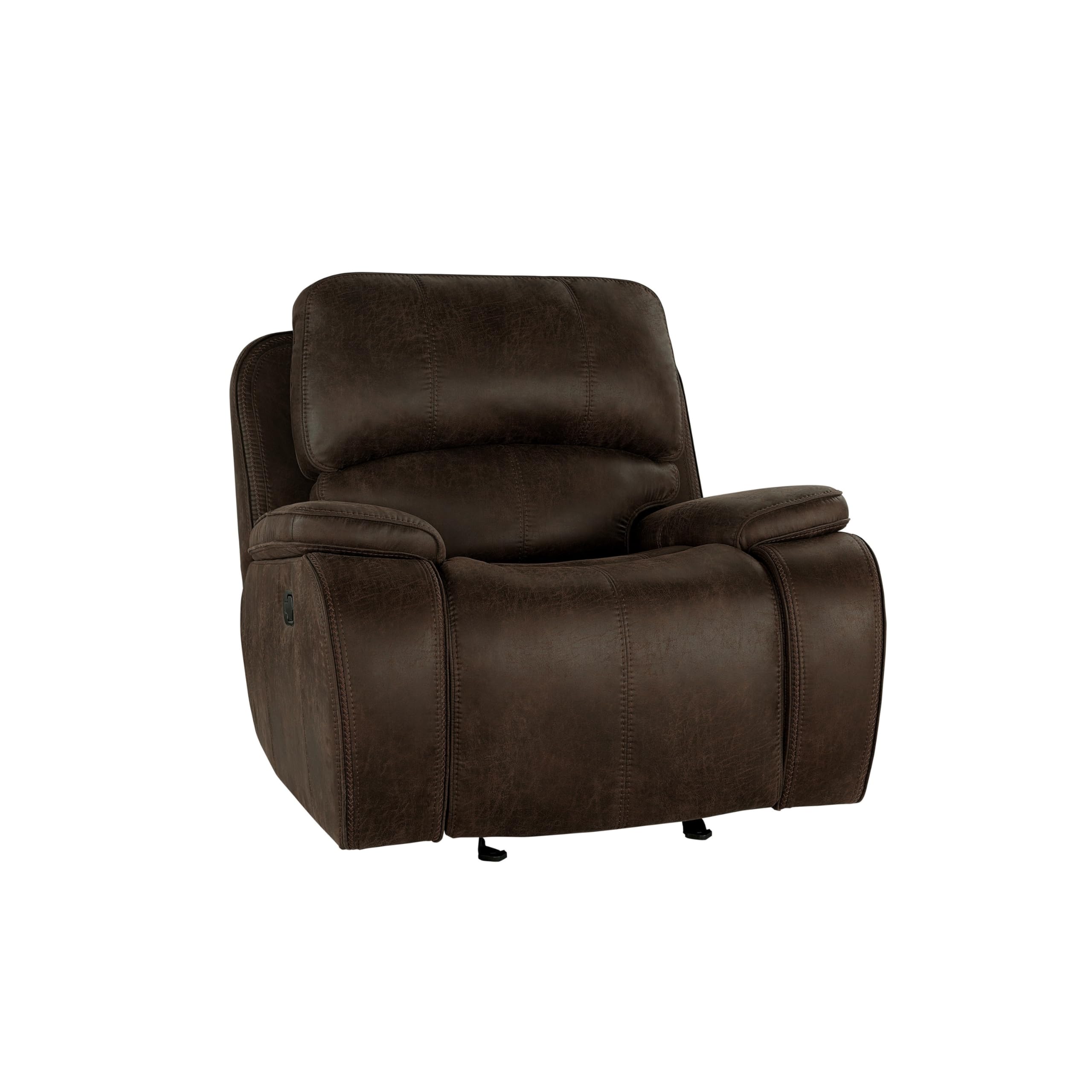 Talo 42 Inch Glider Chair, Manual Recliner, Cushioned, Brown Faux Leather