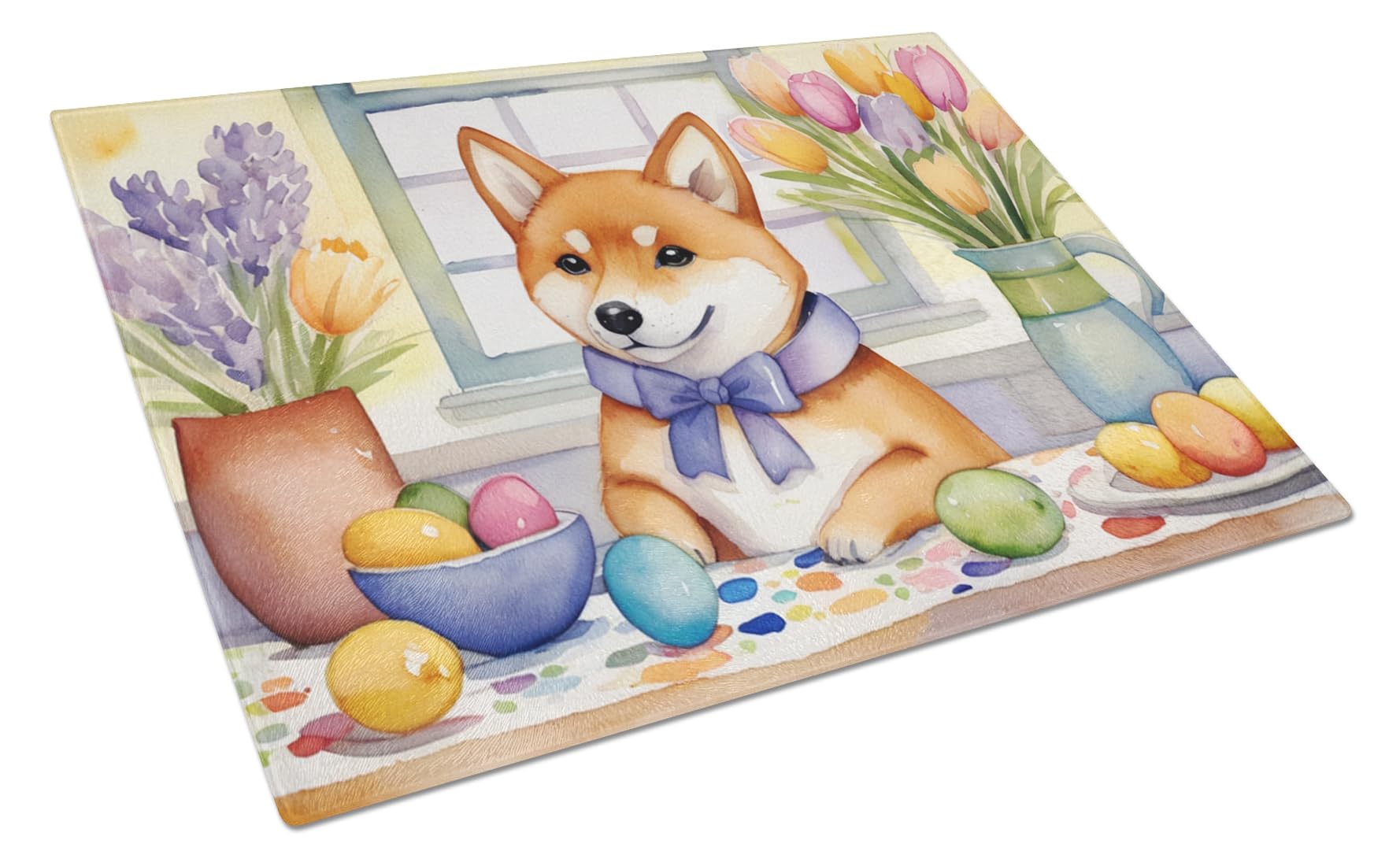 Carolines Treasures DAC6900LCB Decorating Easter Shiba Inu Glass Cutting Board Decorative Tempered Glass Kitchen Cutting and Serving Board Large Size Chopping Board
