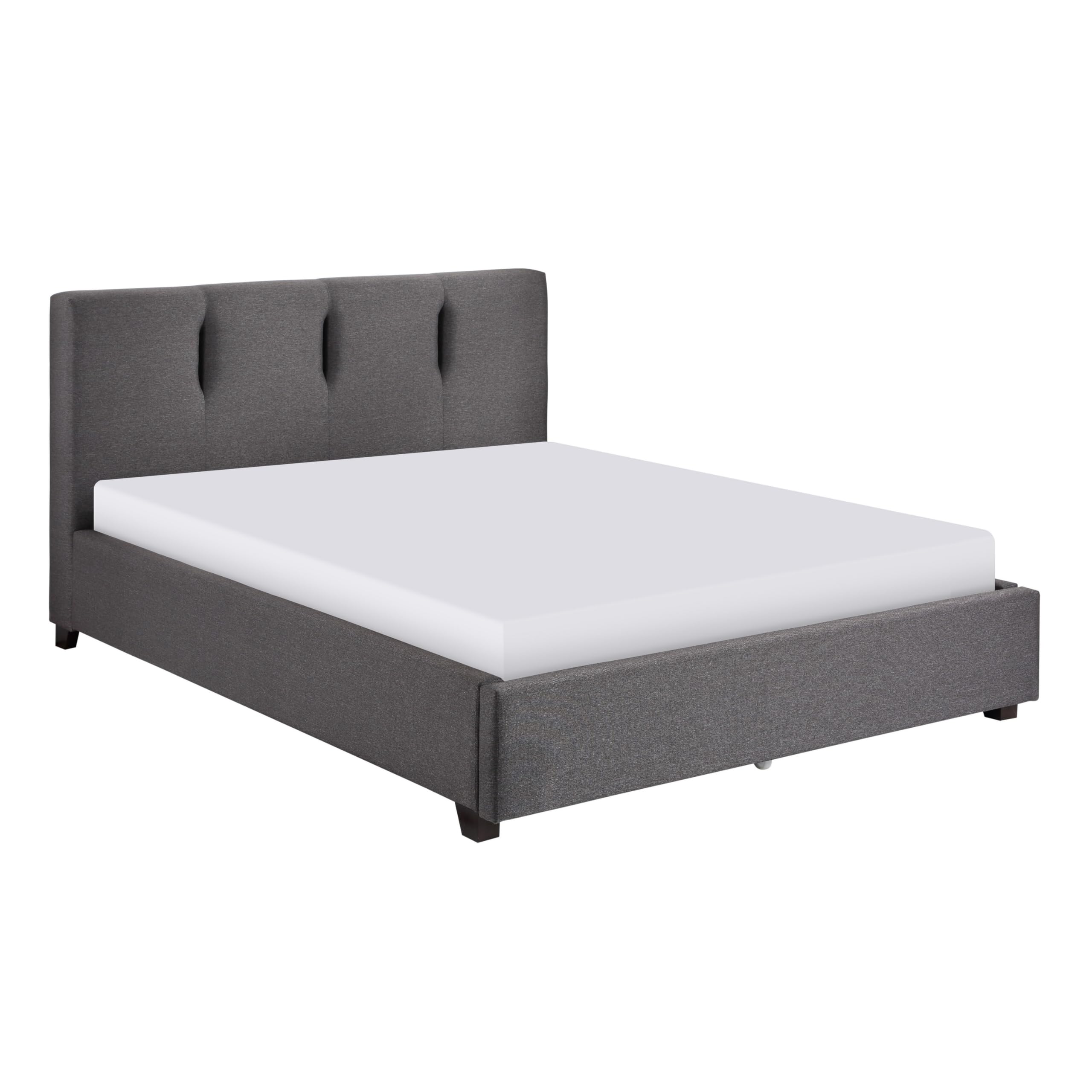 Orra Queen Platform Bed, Tufted Dark Gray Polyester Upholstery, Solid Wood