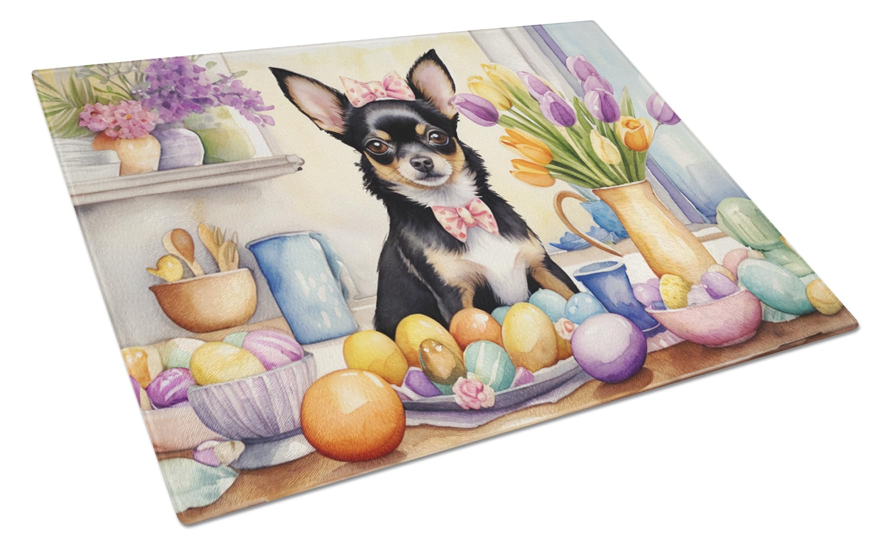 Carolines Treasures DAC6787LCB Decorating Easter Chihuahua Glass Cutting Board Decorative Tempered Glass Kitchen Cutting and Serving Board Large Size Chopping Board