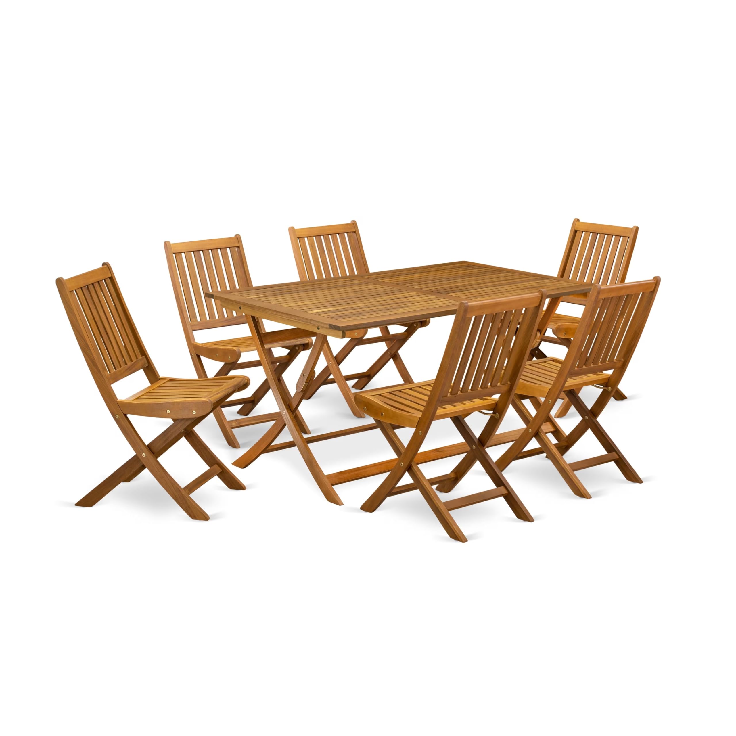 East West Furniture 7 Piece Superior Garden Set- Suitable for The Shore, Camping, Picnics - Lovely Wood Dining Table with 6 Arms Less Folding Patio Chairs- Natural Oil Finish