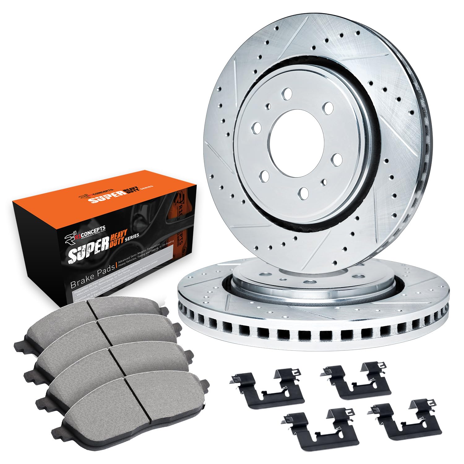 R1 Concepts Drilled and Slotted Silver Disc Brake Rotor Set with Super Duty Pads and Hardware WGXH1-76002