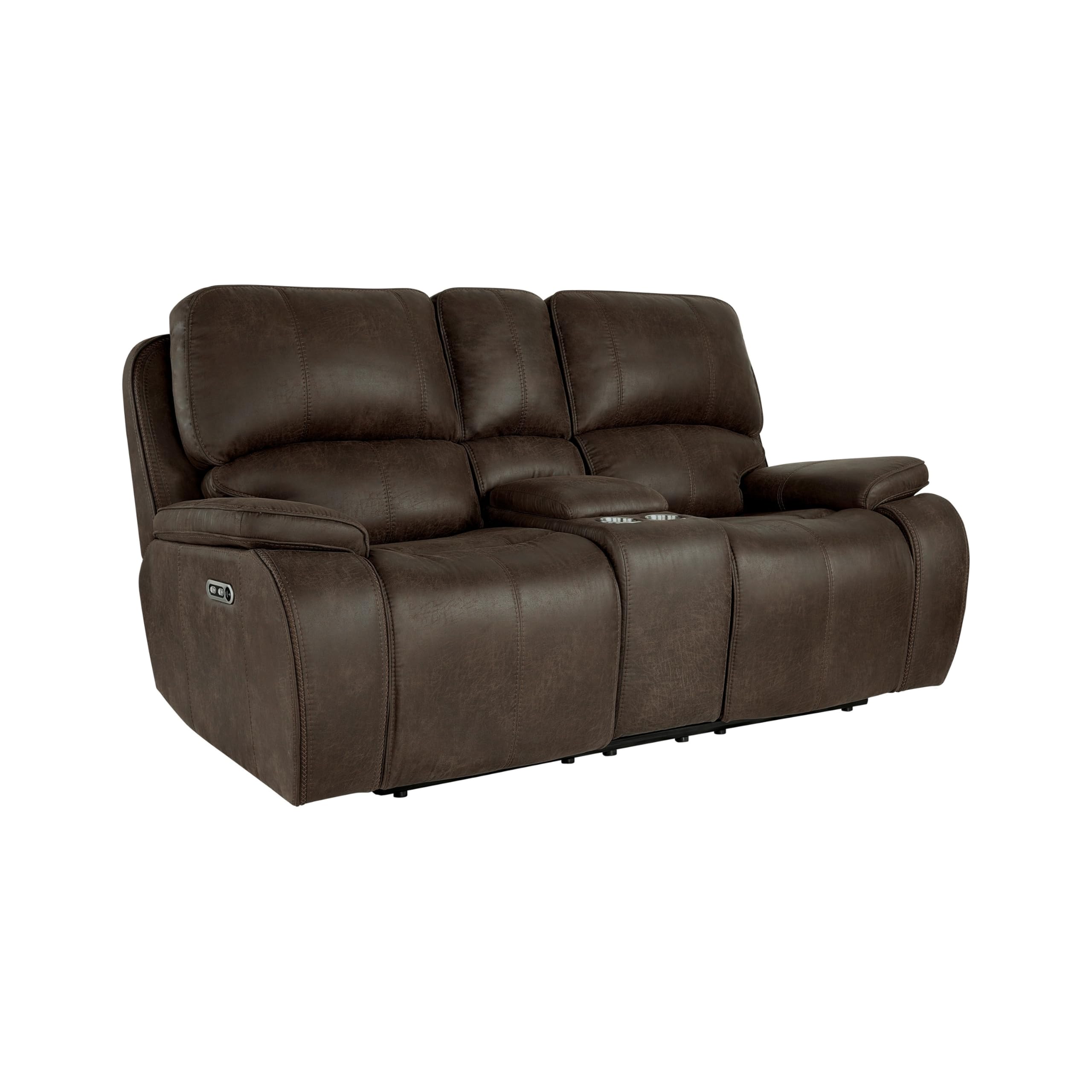 Talo 79 Inch Console Power Recliner Loveseat, Cupholders Brown Faux Leather
