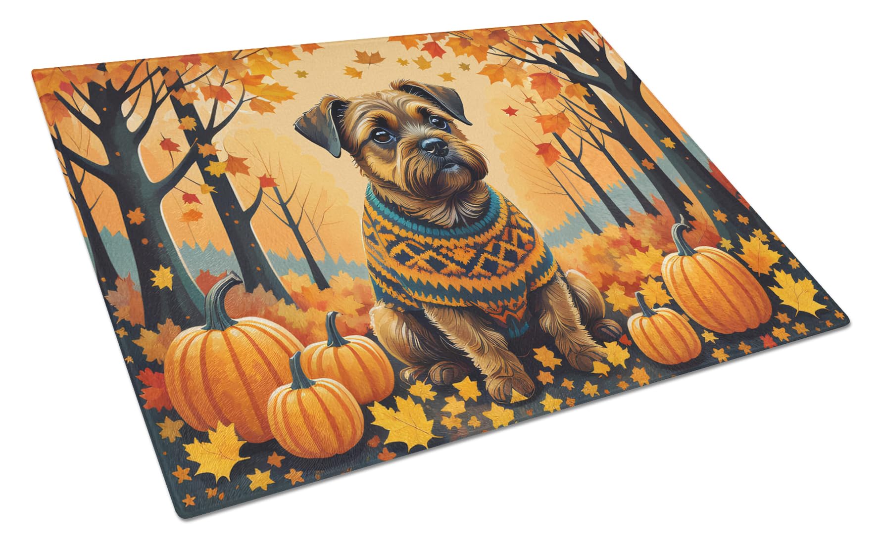 Carolines Treasures DAC1023LCB Border Terrier Fall Glass Cutting Board Large Decorative Tempered Glass Kitchen Cutting and Serving Board Large Size Chopping Board