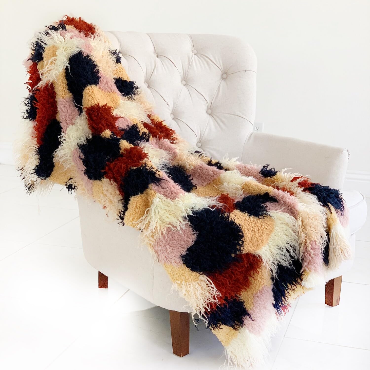 Plutus Fanciful Boho Plush Handmade Luxury Faux Fur Throw Blanket 114L x 120W King- Red, White, Blue