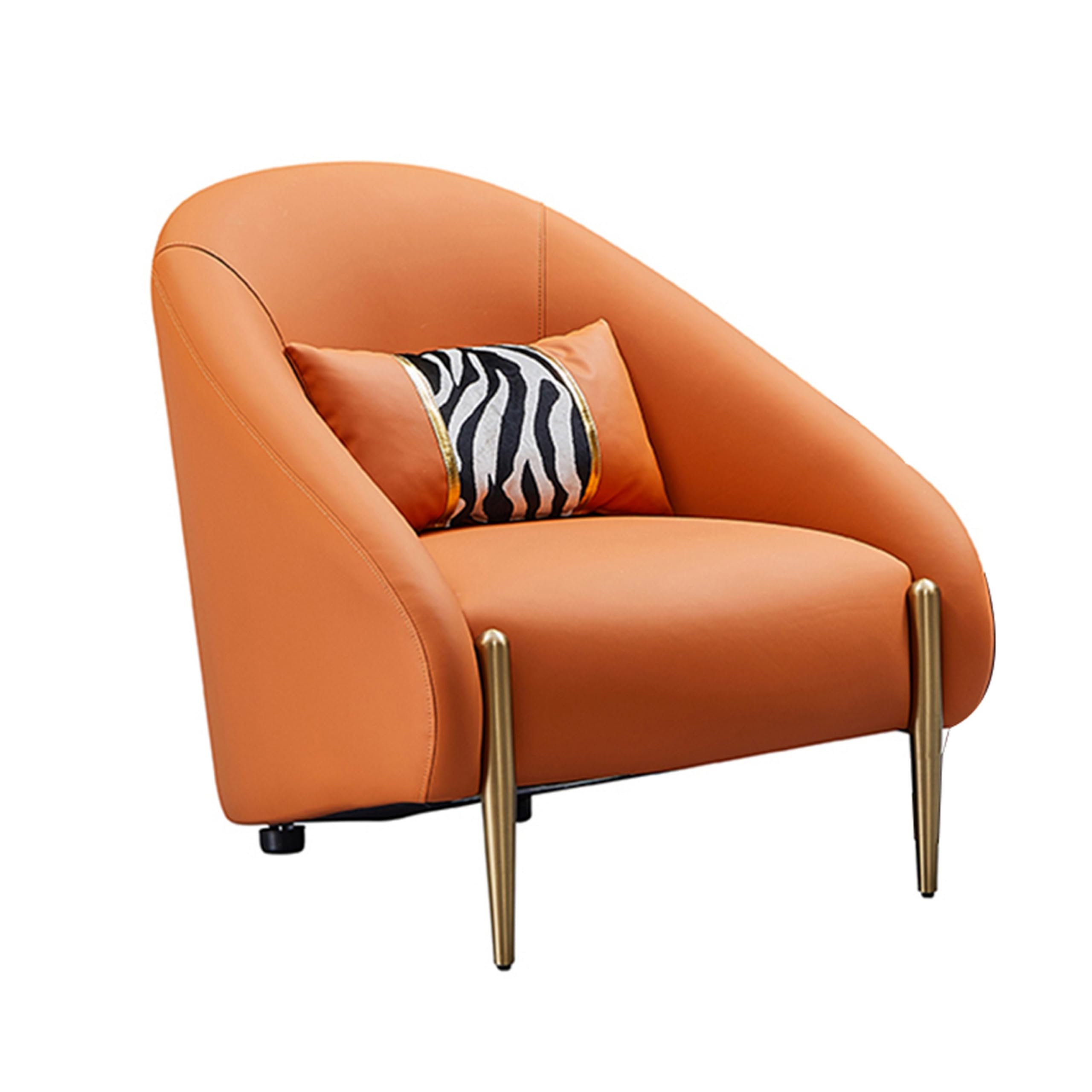 Kie 33 Inch Accent Chair, Pillow, Curved, Orange Real Leather, Gold Metal