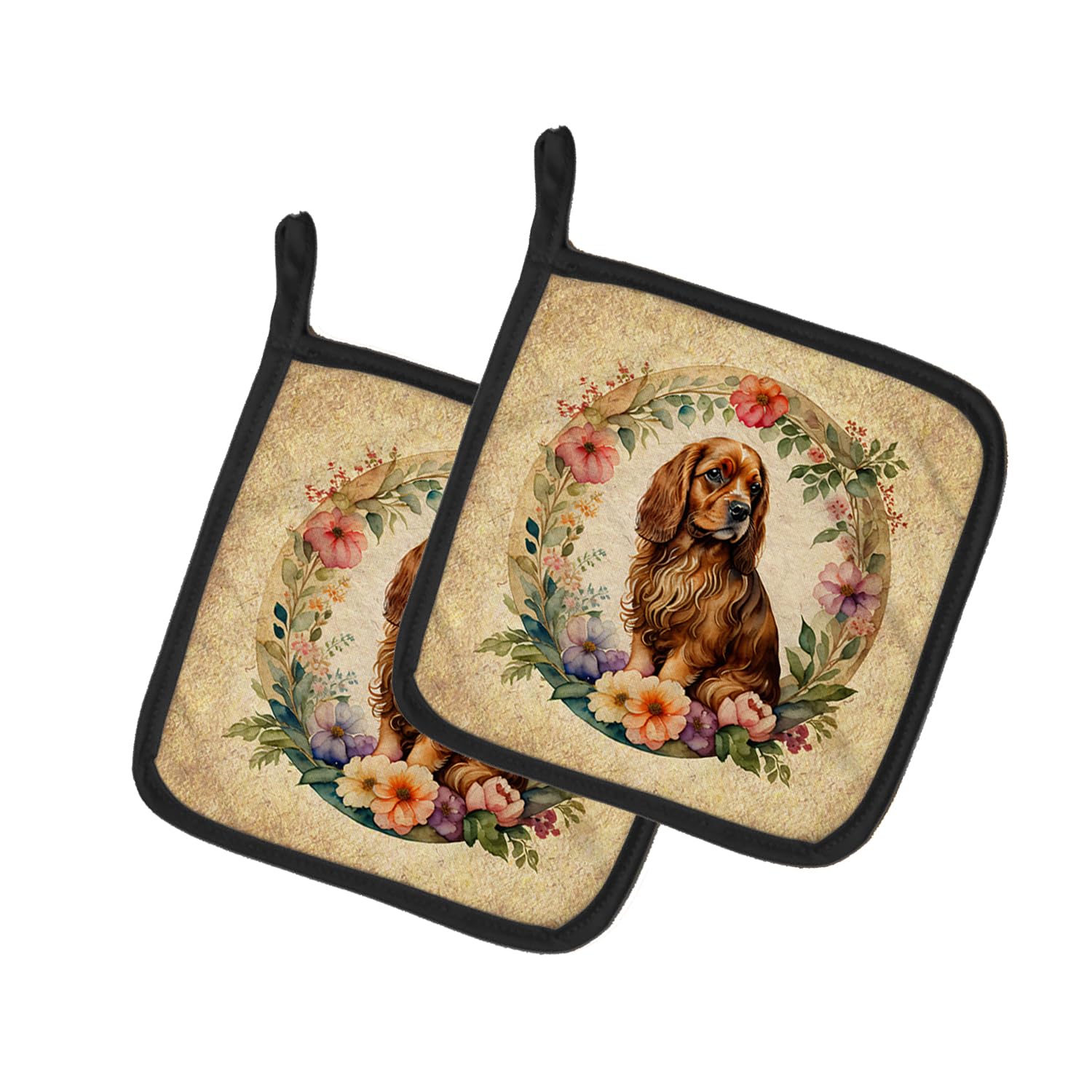 Sussex Spaniel and Flowers Pair of Pot Holders